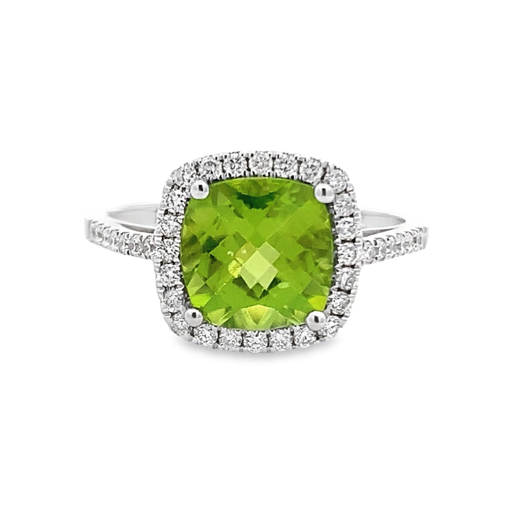 14K White Gold Peridot and Diamond Halo Ring