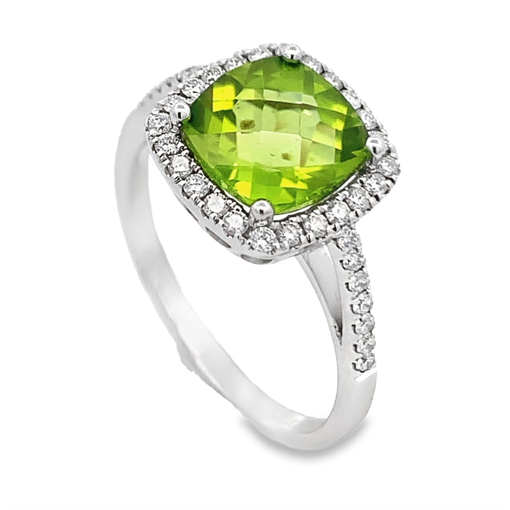 14K White Gold Peridot and Diamond Halo Ring