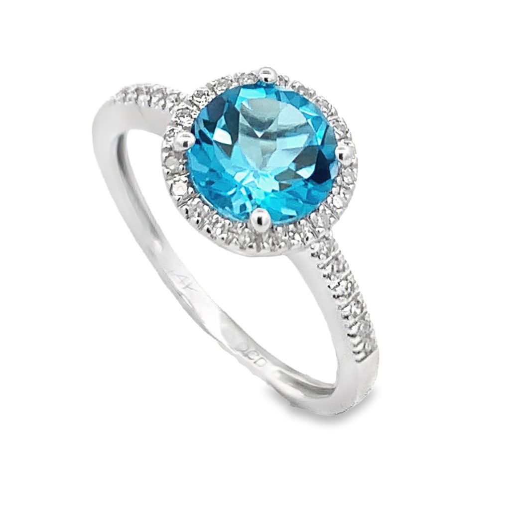 14K White Gold Blue Topaz Halo Ring