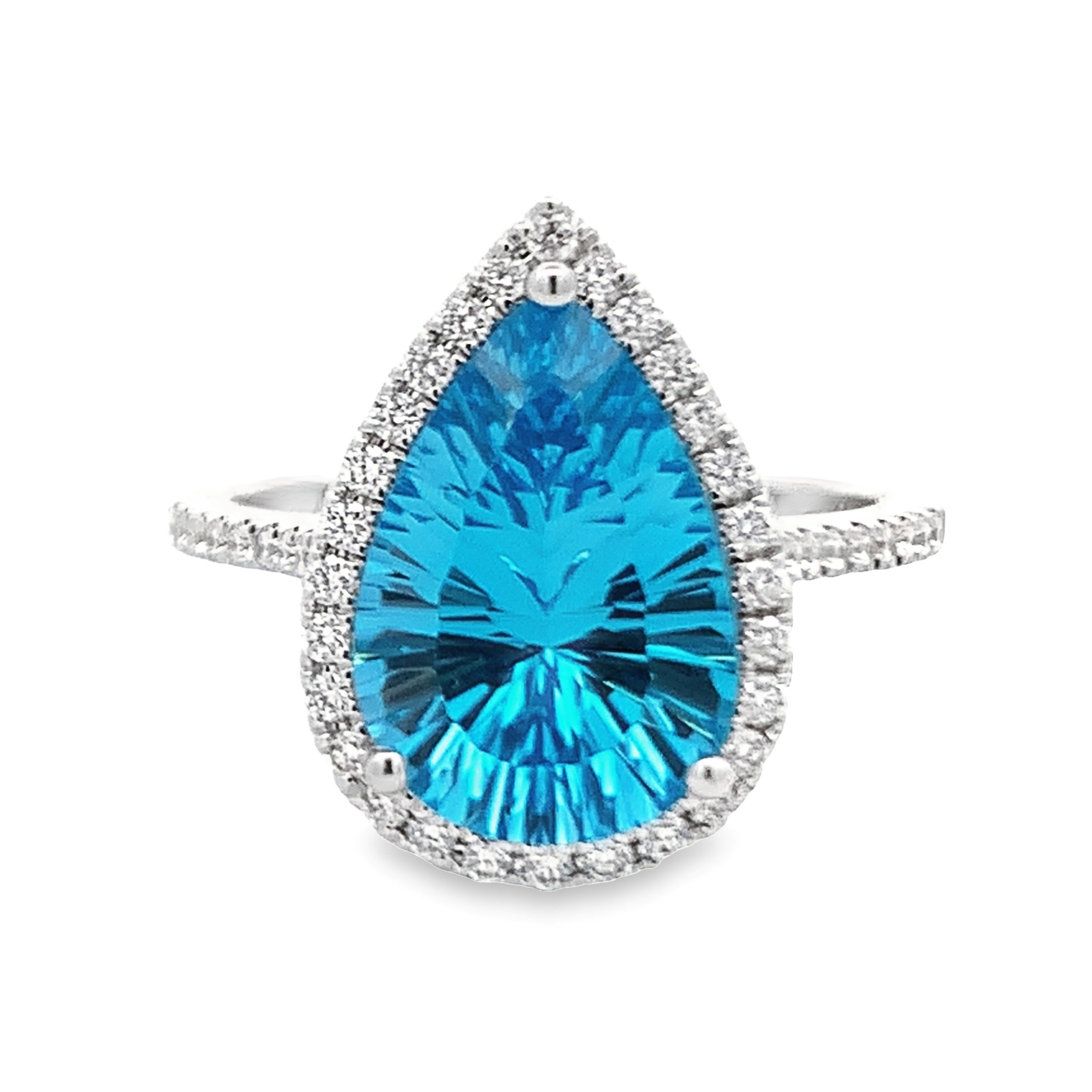 14K White Gold Pear Blue Topaz Halo Ring