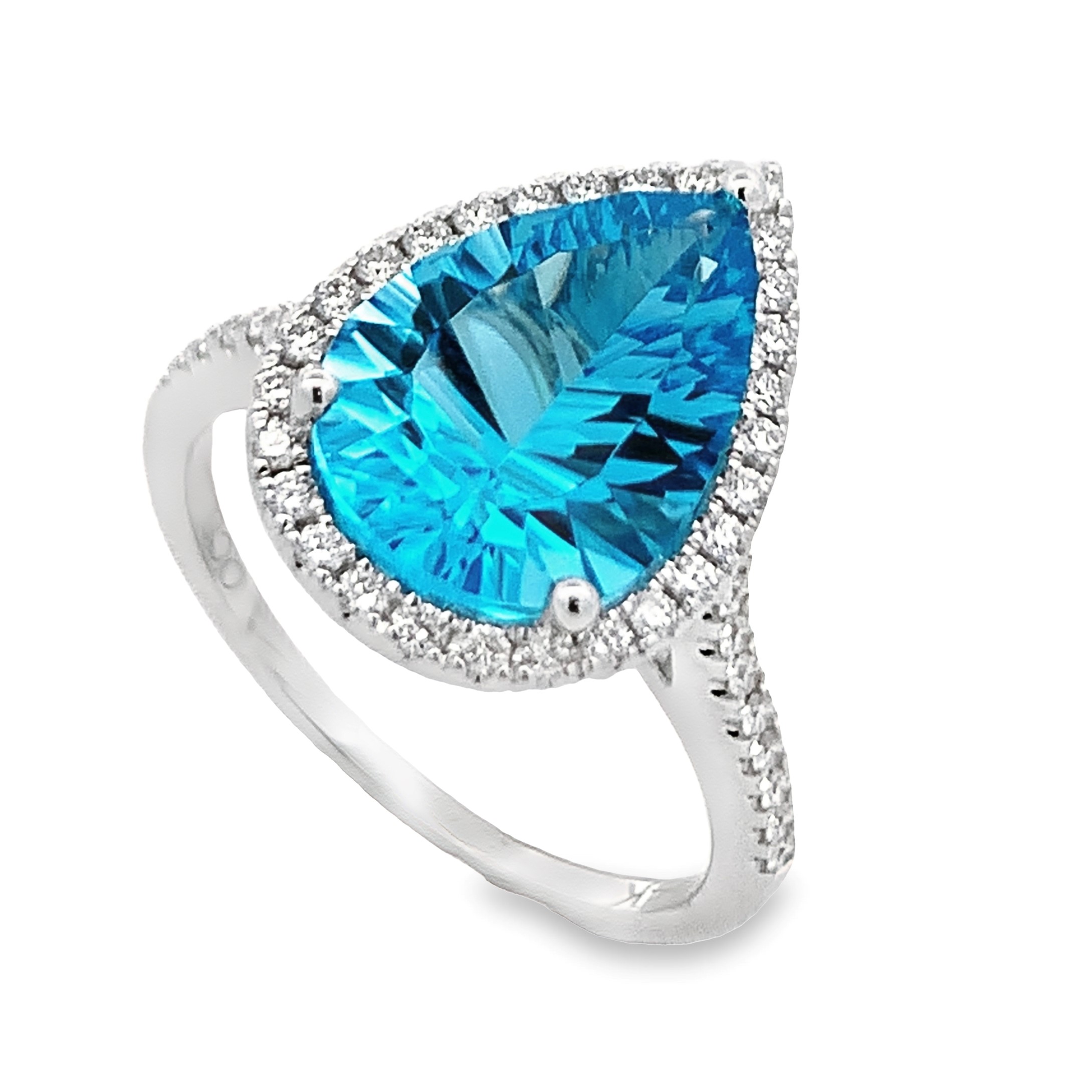 14K White Gold Pear Blue Topaz Halo Ring