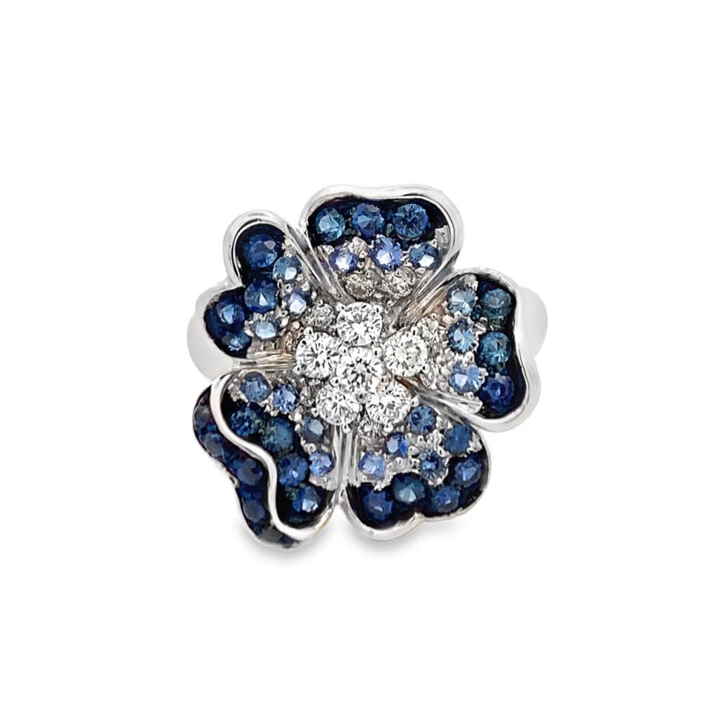 Leo Pizzo 18K White Gold Blue Sapphire and Diamond Flower Ring