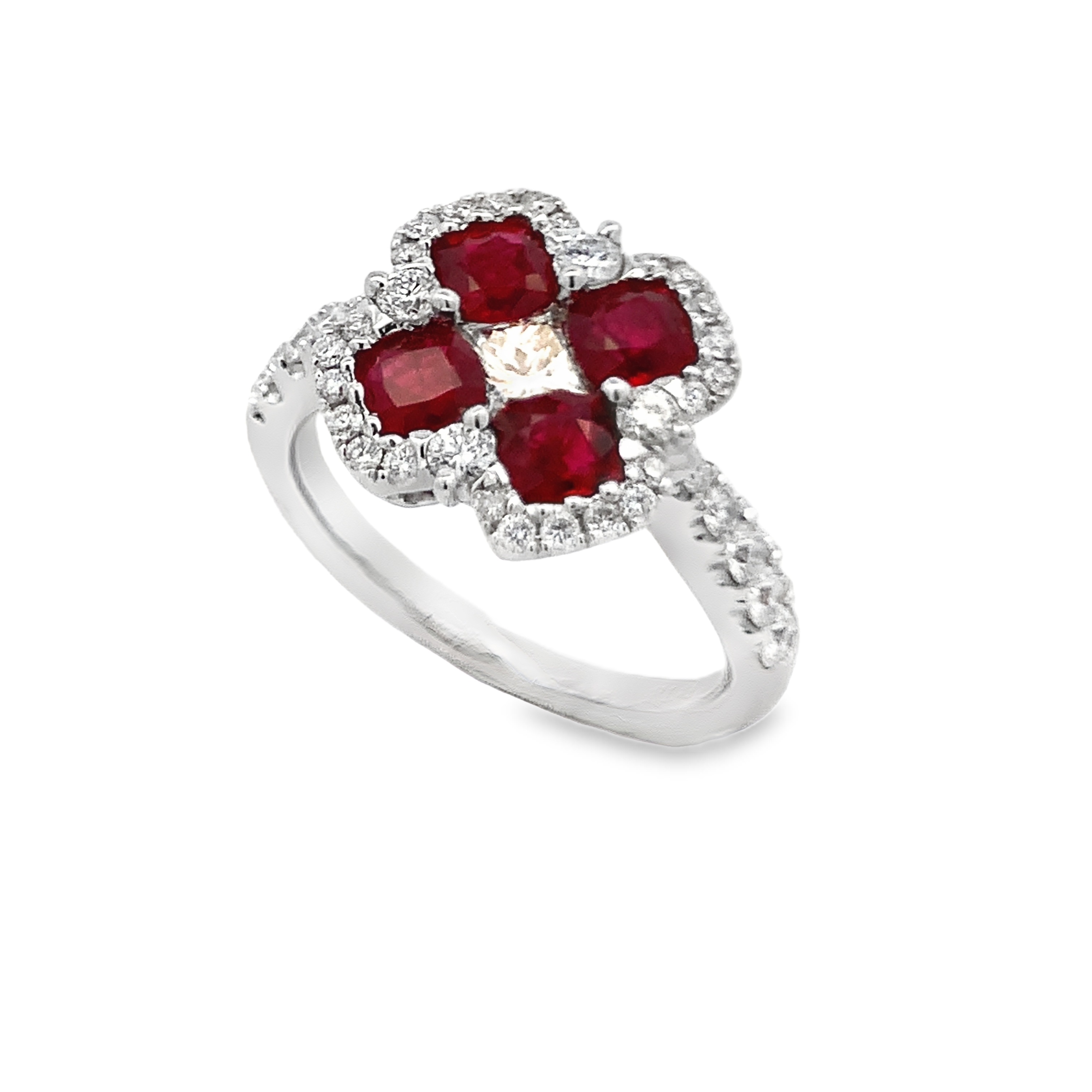 18K White Gold Ruby Flower Ring