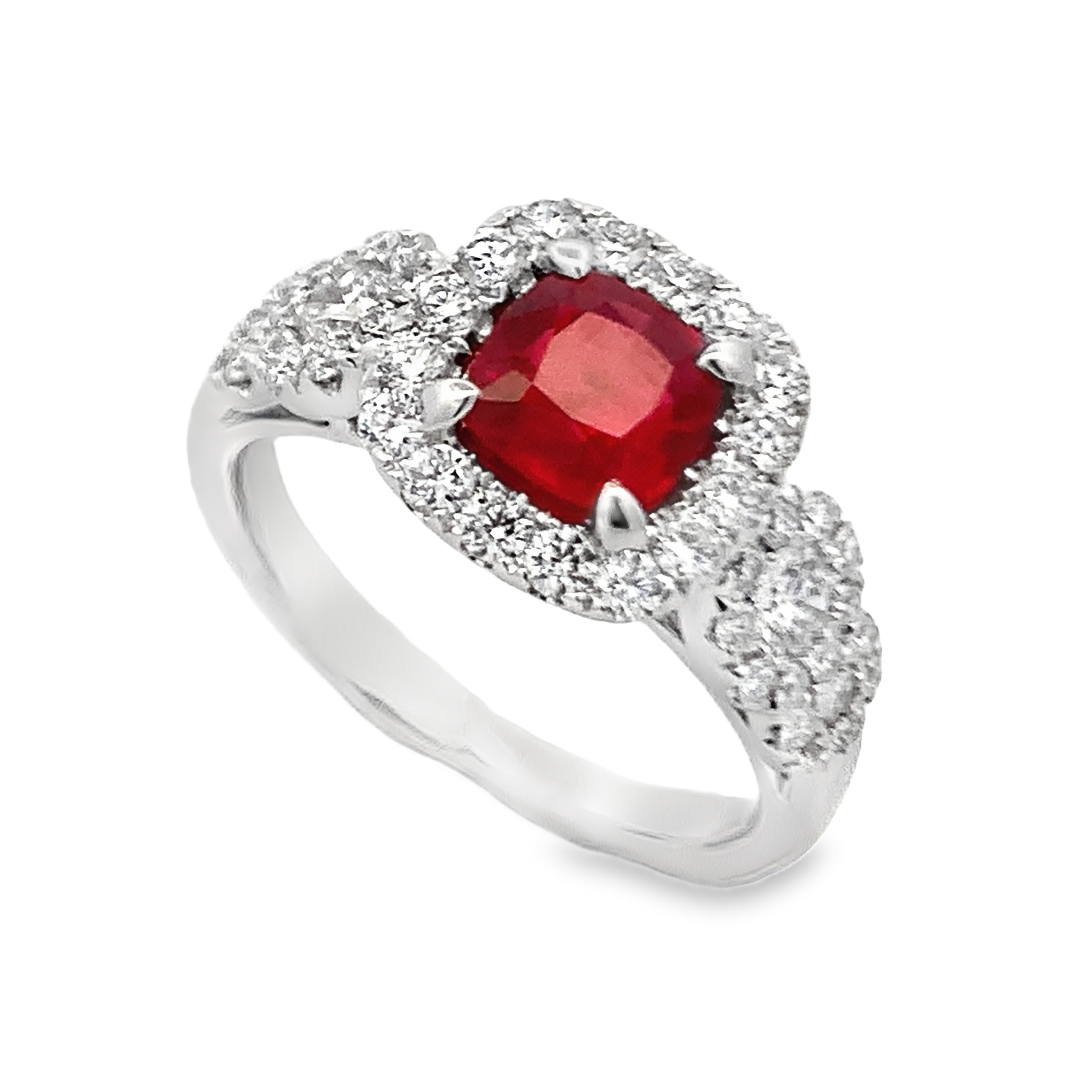 18K White Gold Ruby and Diamond Halo Ring