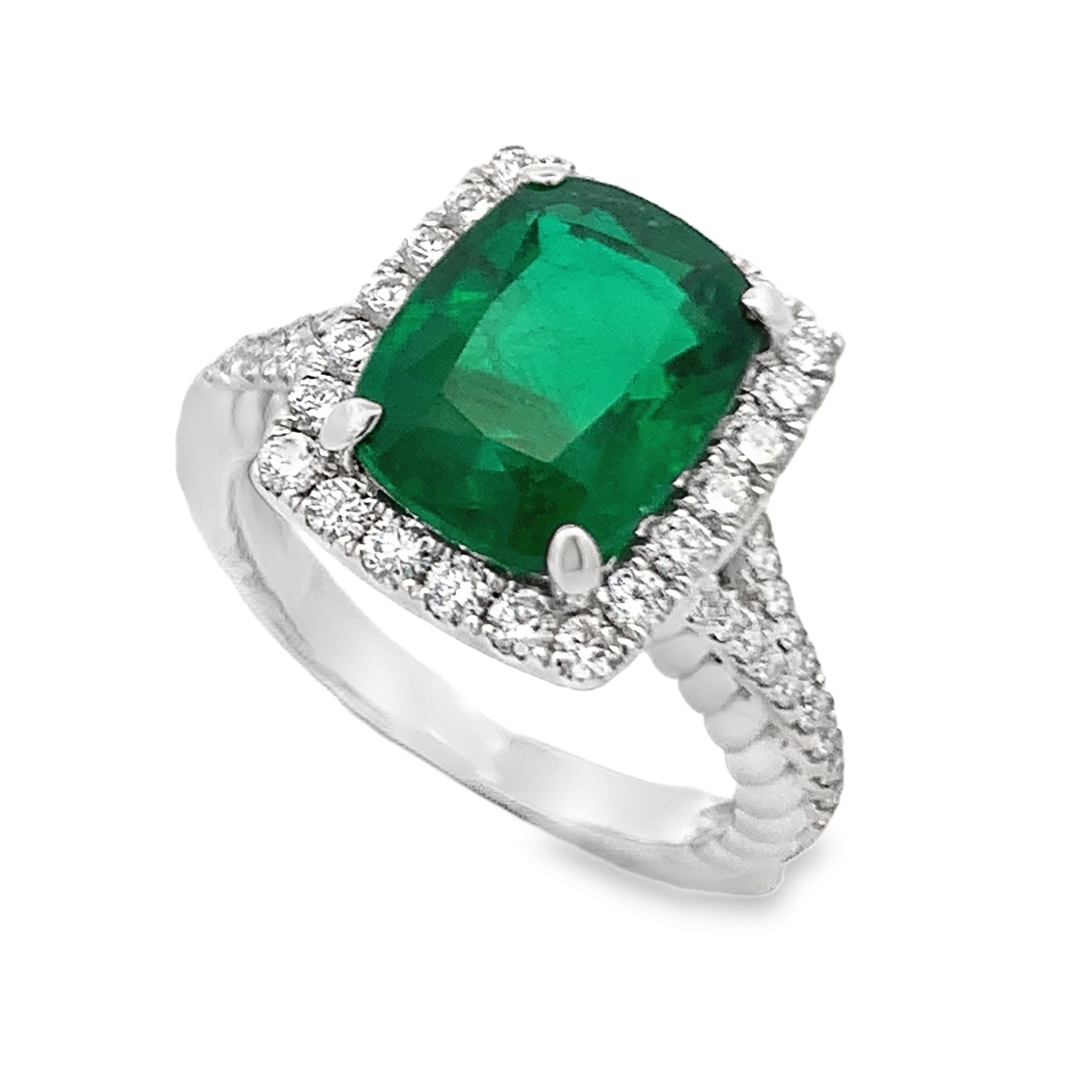 18K White Gold Emerald and Diamond Halo Ring