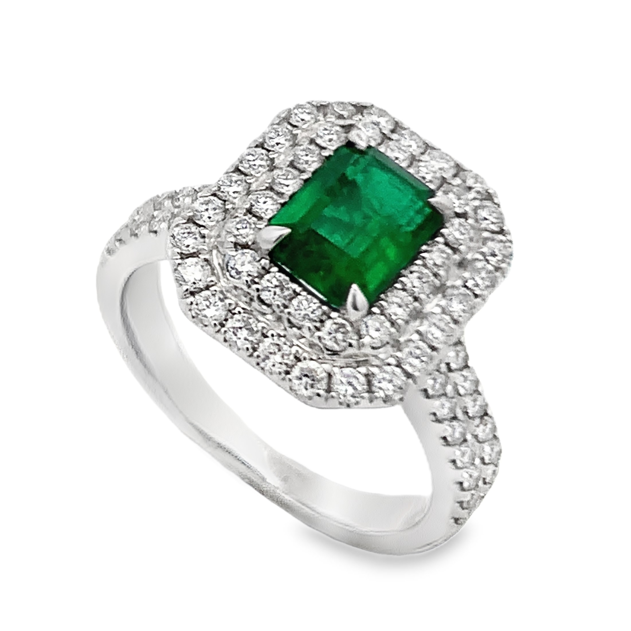 18K White Gold Emerald Diamond Halo Ring