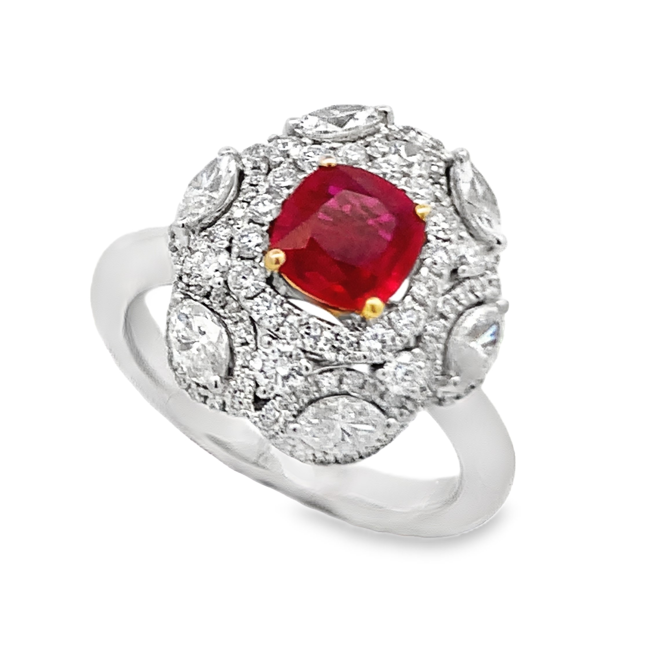 18K White & Yellow Gold Ruby Diamond Halo Ring