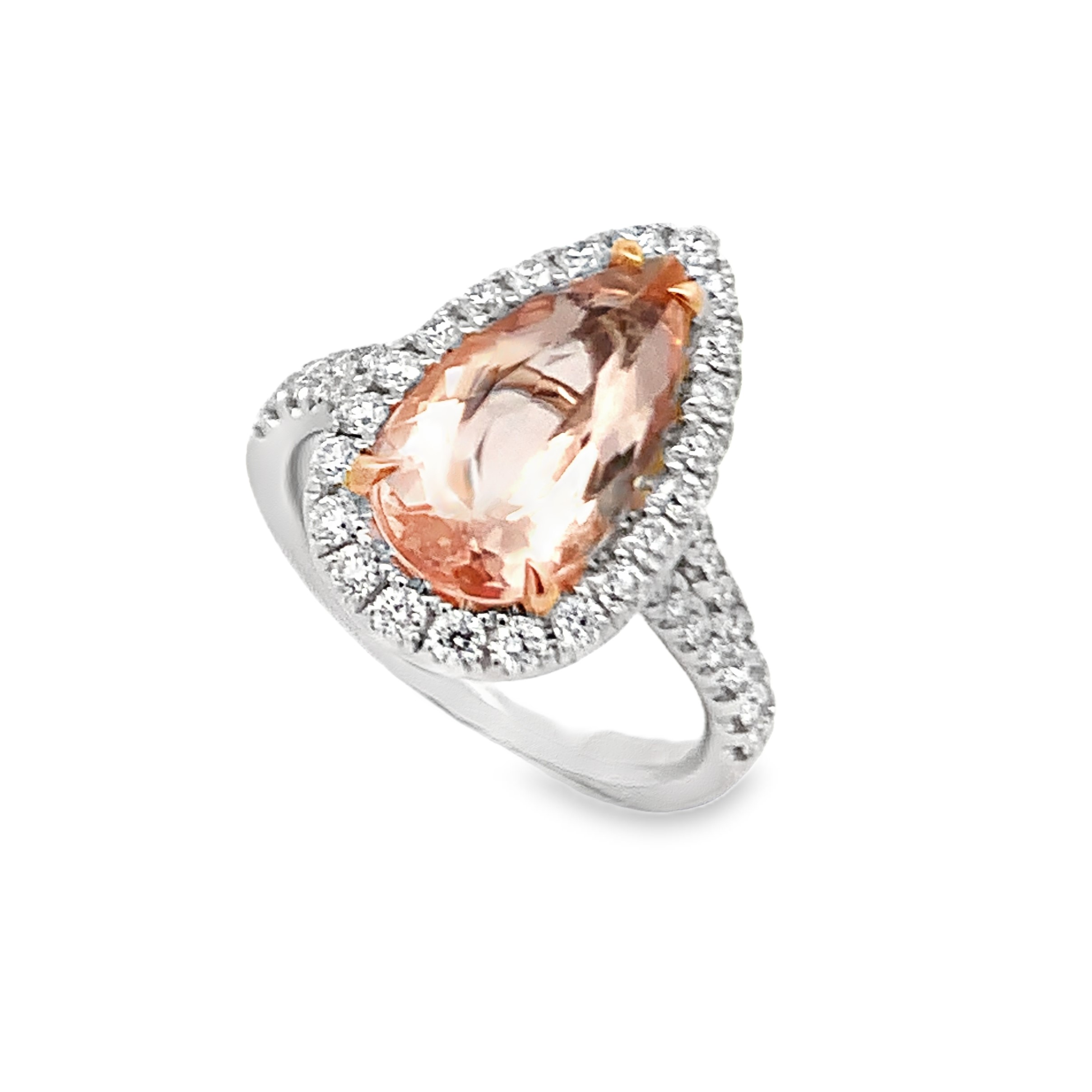 18K White & Rose Gold Pear Morganite Halo Ring