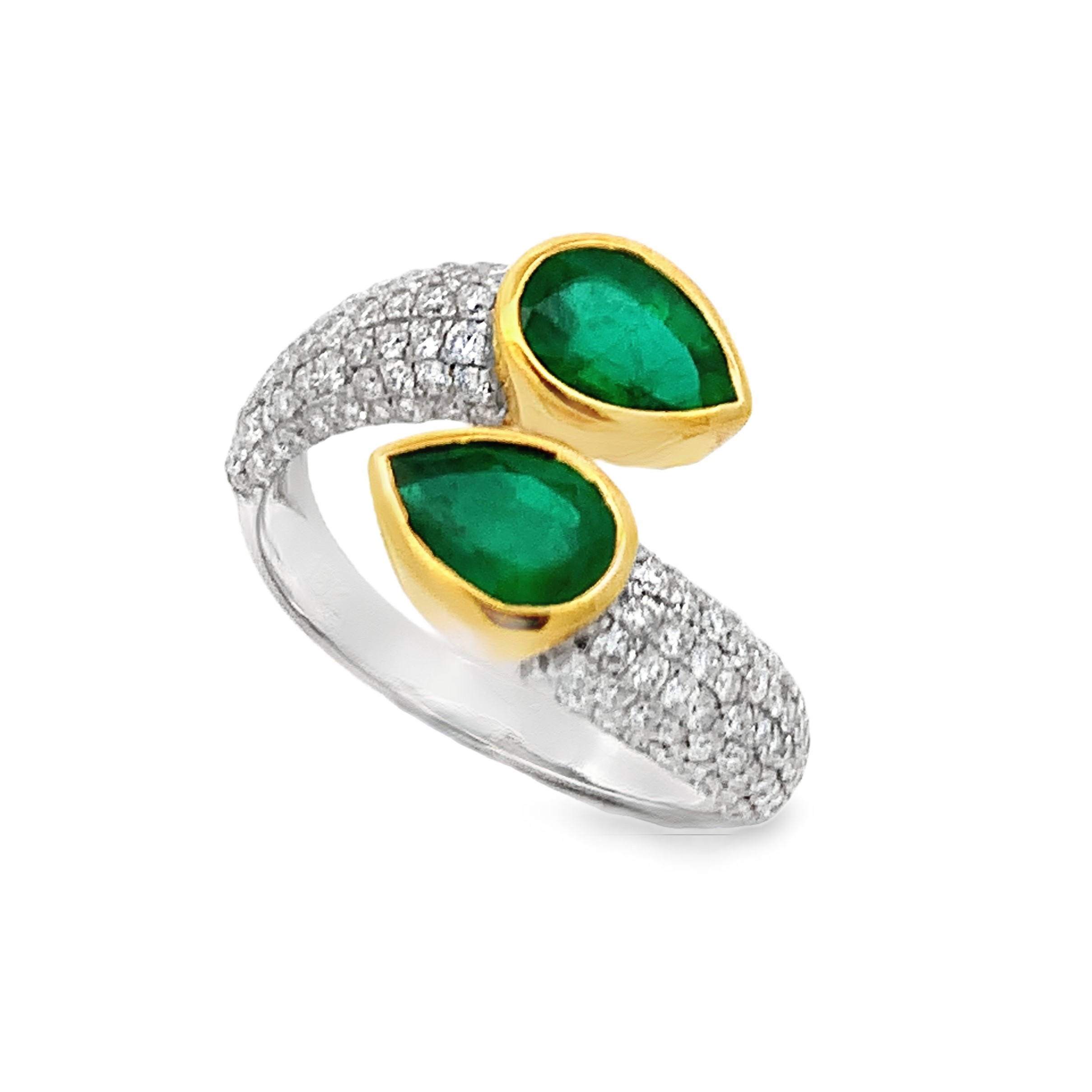 18K Two-Tone Pear Emerald Bypass Ring