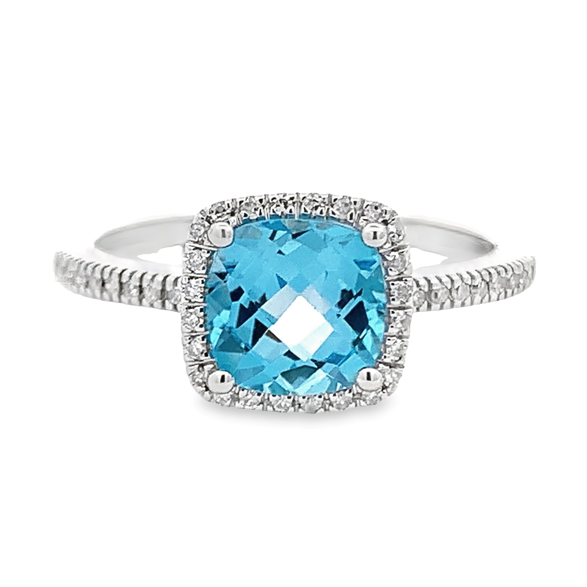 14K White Gold Cushion Blue Topaz Halo Ring