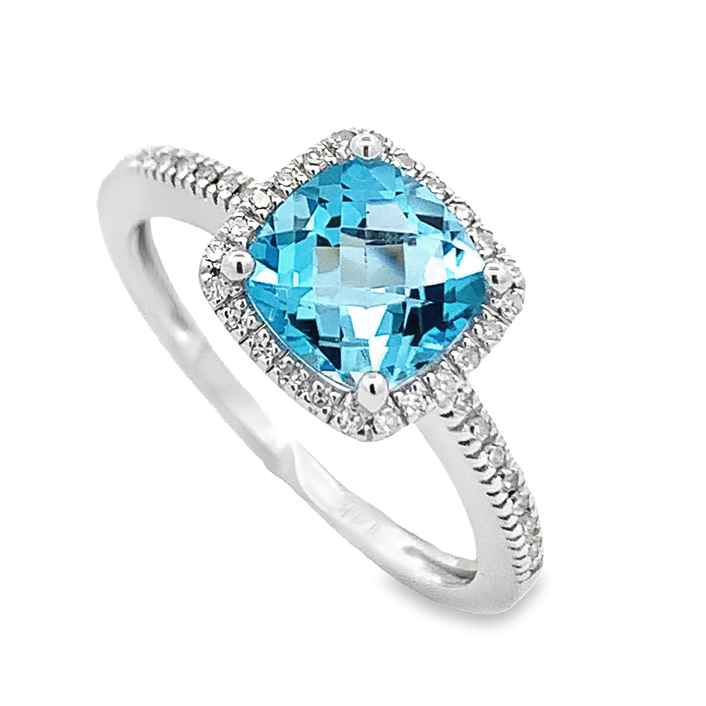 14K White Gold Cushion Blue Topaz Halo Ring