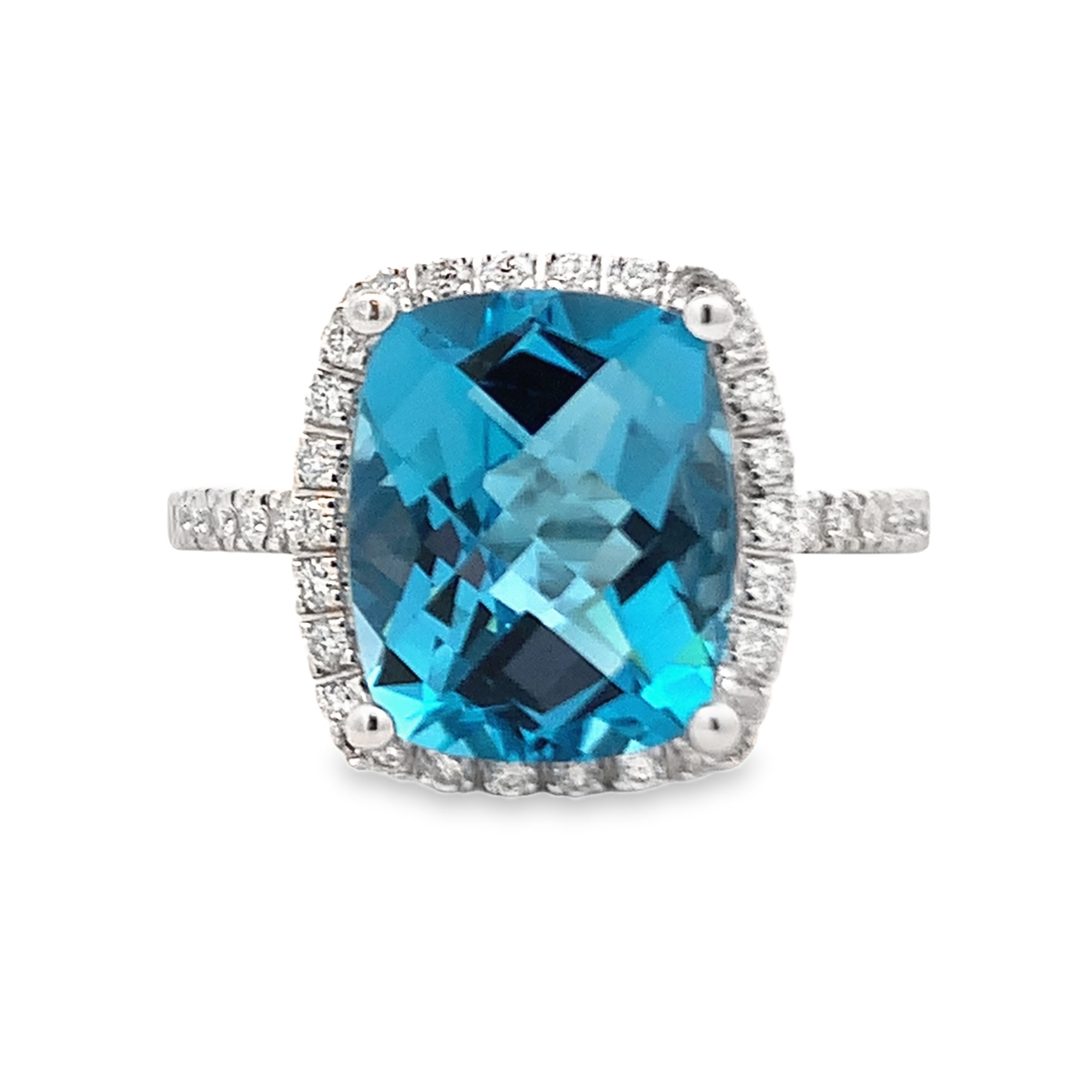 14K White Gold Blue Topaz Halo Ring