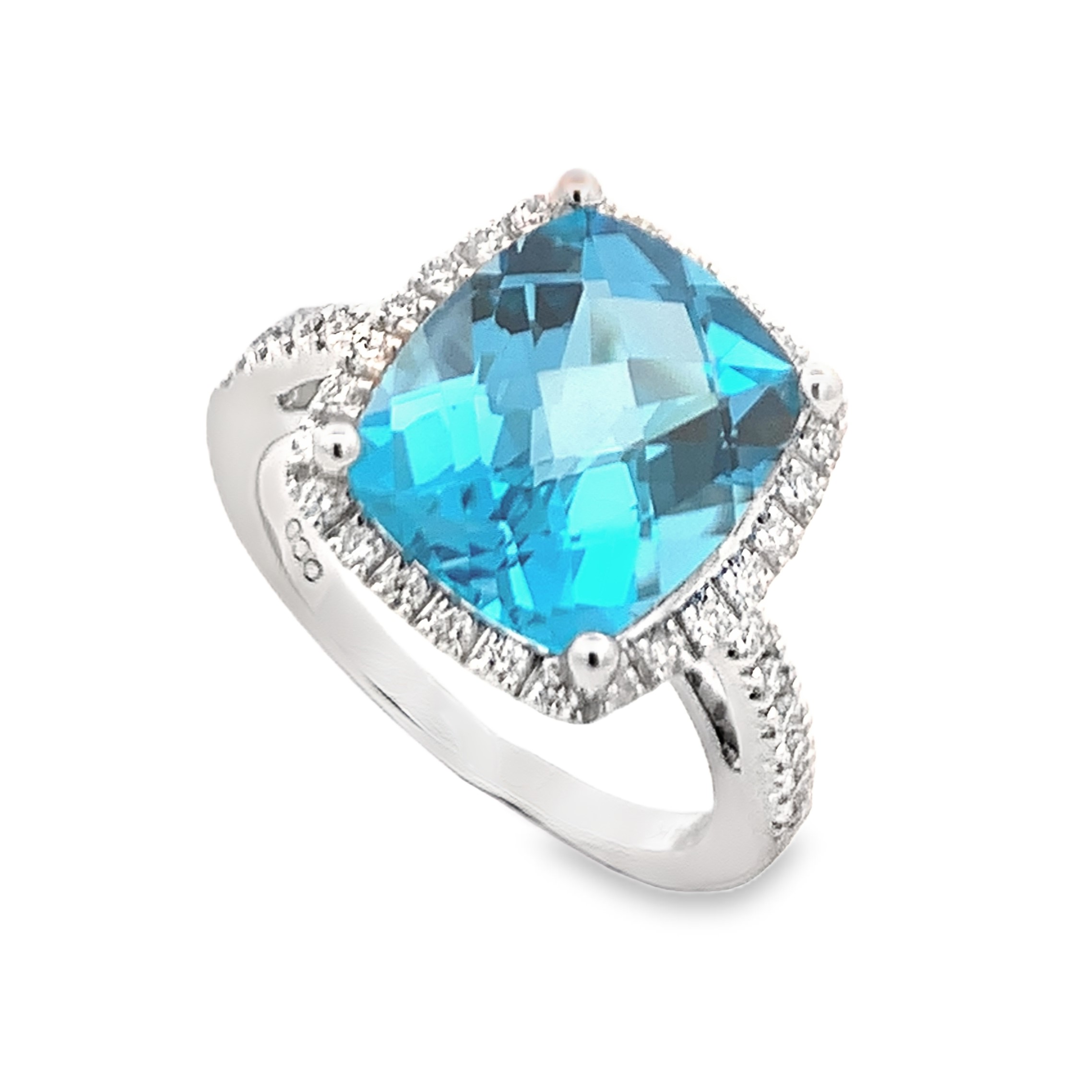 14K White Gold Blue Topaz Halo Ring