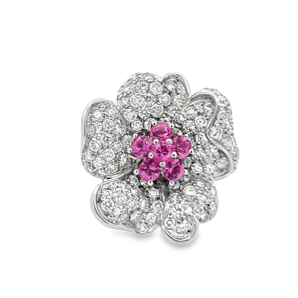 Leo Pizzo 18K White Gold Pink Sapphire & Diamond Flower Ring