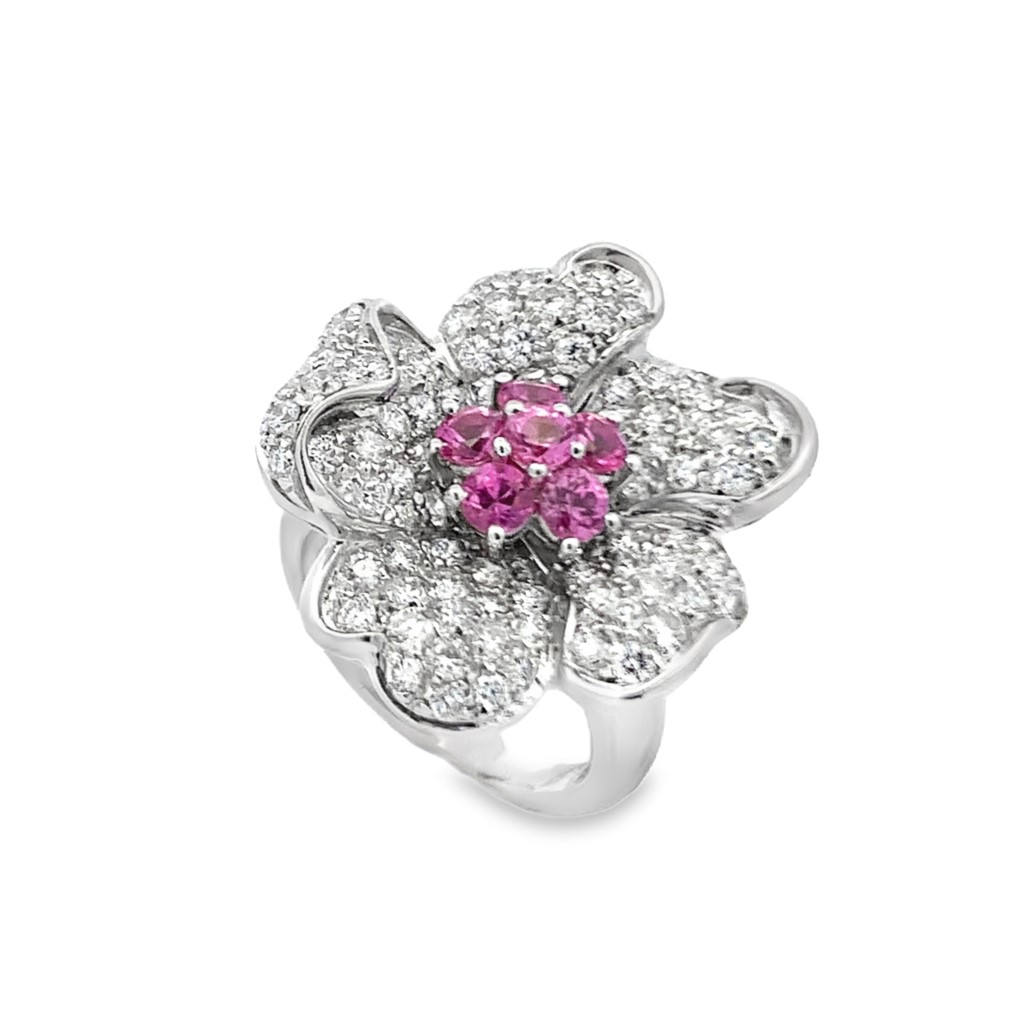 Leo Pizzo 18K White Gold Pink Sapphire & Diamond Flower Ring