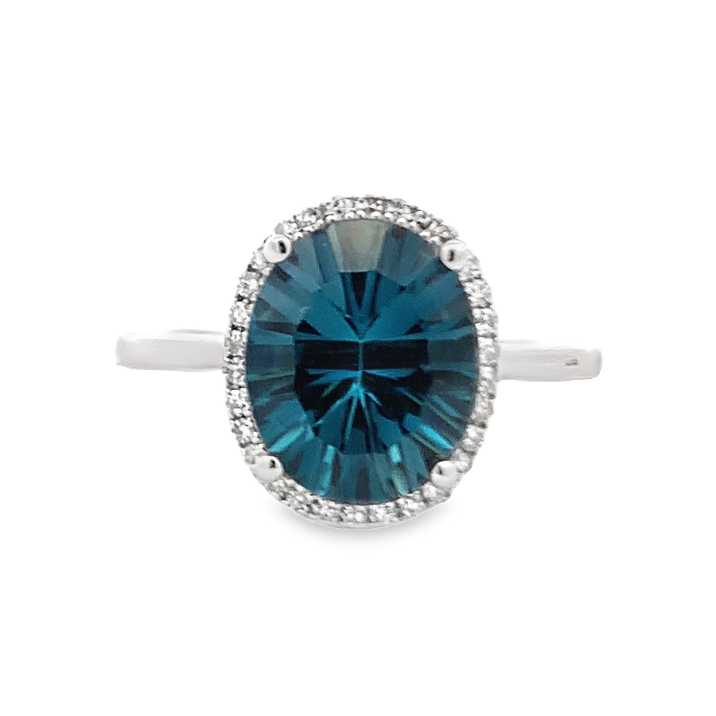 14K White Gold Oval Blue Topaz and Diamond Halo Ring