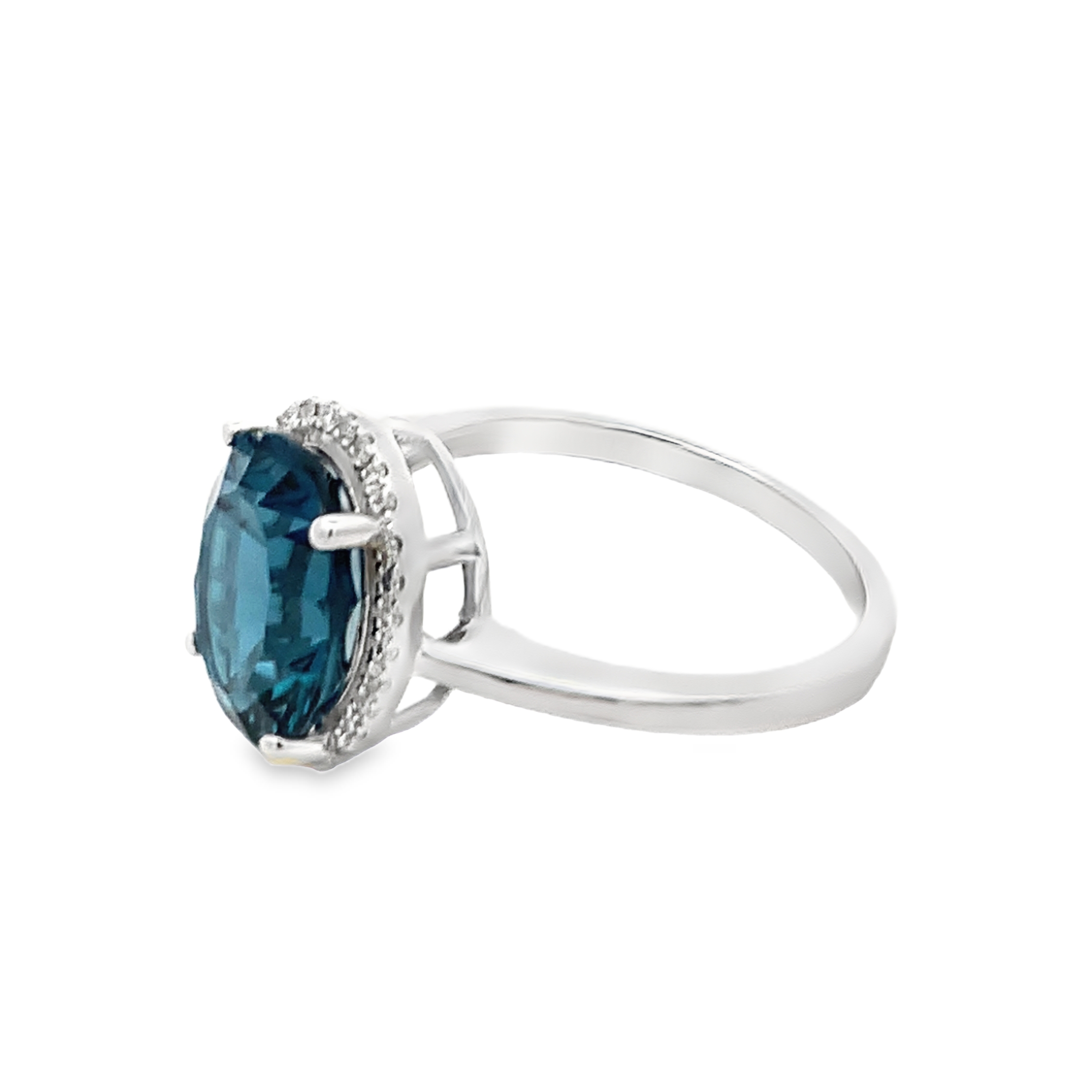 14K White Gold Oval Blue Topaz and Diamond Halo Ring