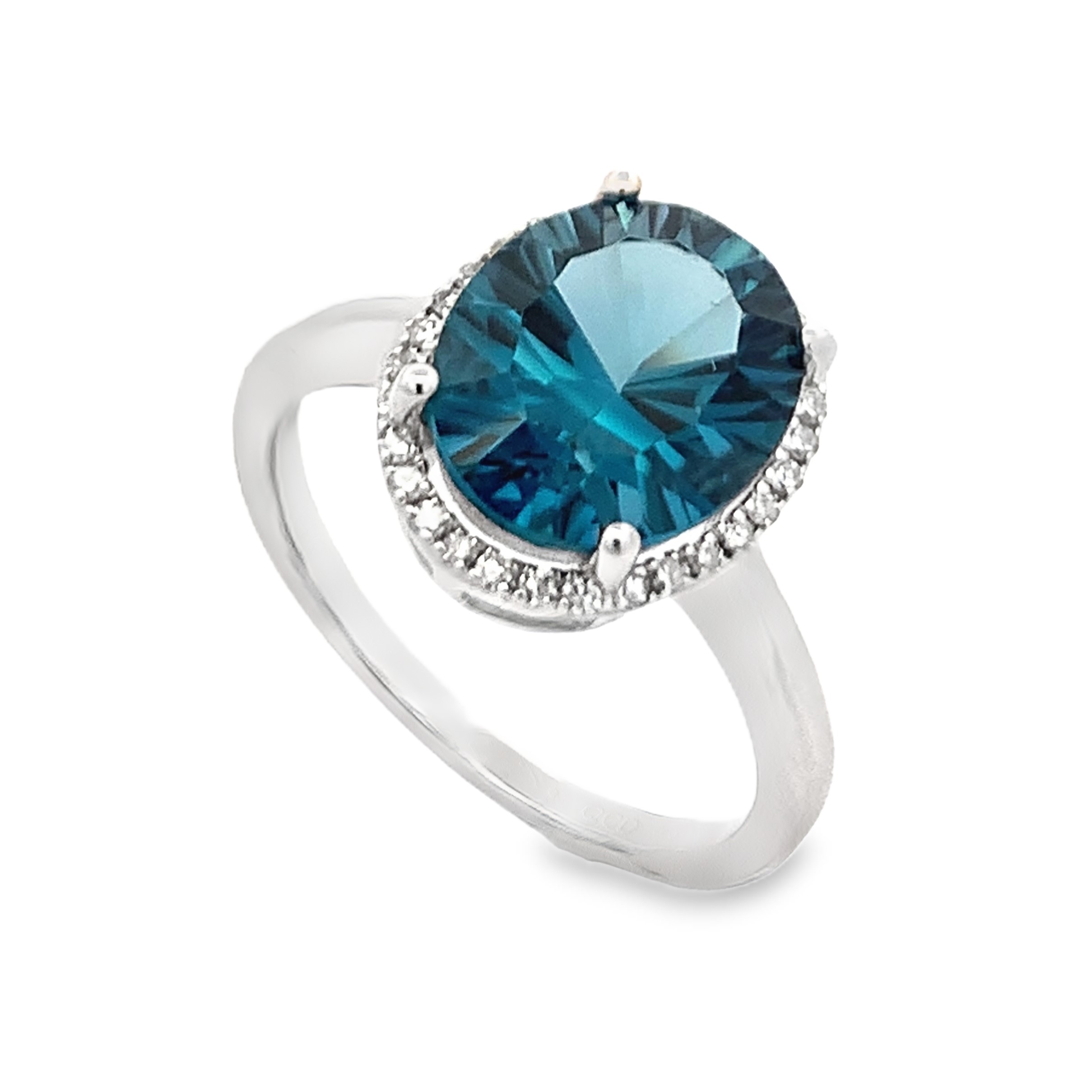 14K White Gold Oval Blue Topaz and Diamond Halo Ring