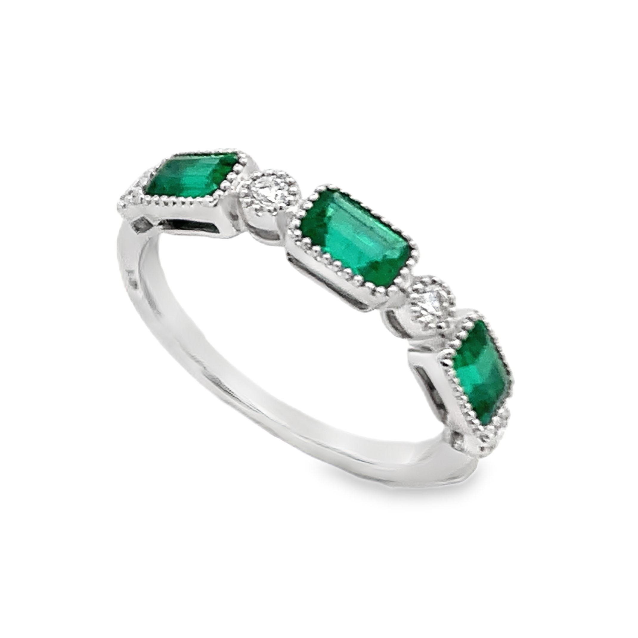 18K White Gold Emerald and Diamond Milgrain Band