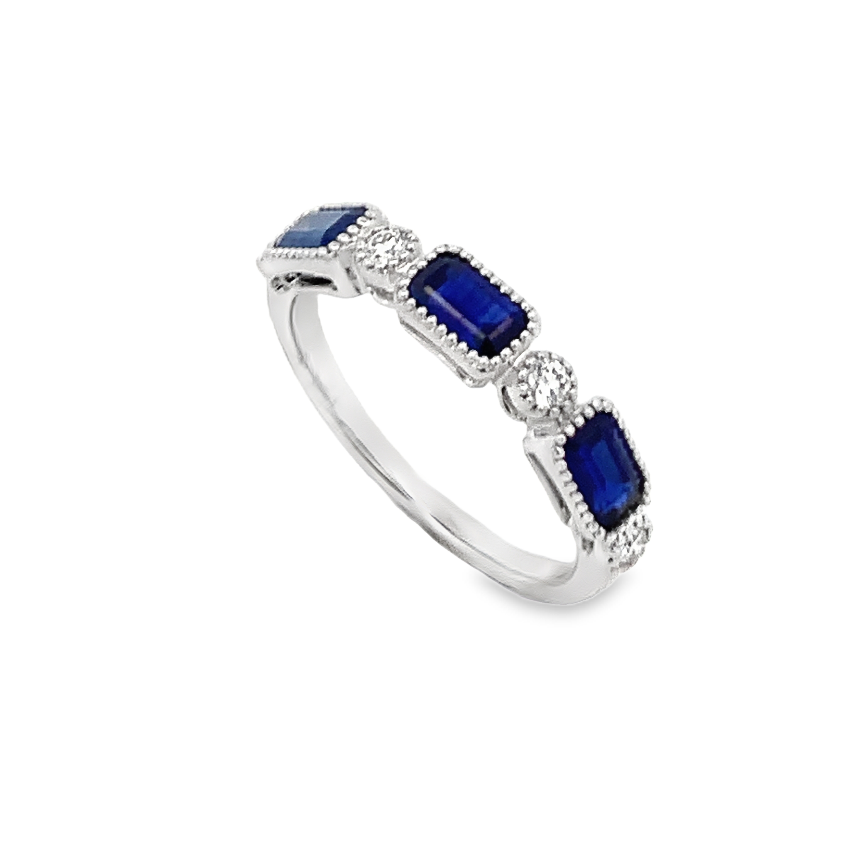 18K White Gold Sapphire and Diamond Milgrain Ring