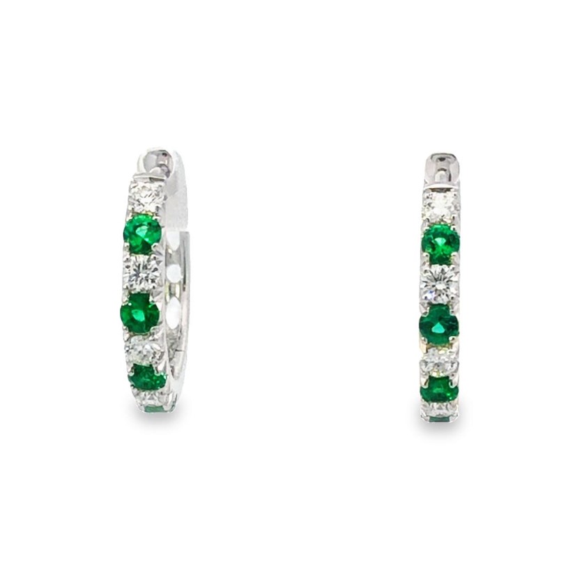 18K White Gold Emerald and Diamond Hoops