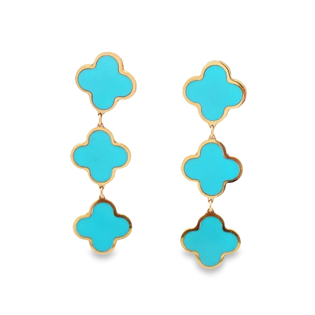 14K Yellow Gold Turquoise Triple Clover Station Dangle Earrings