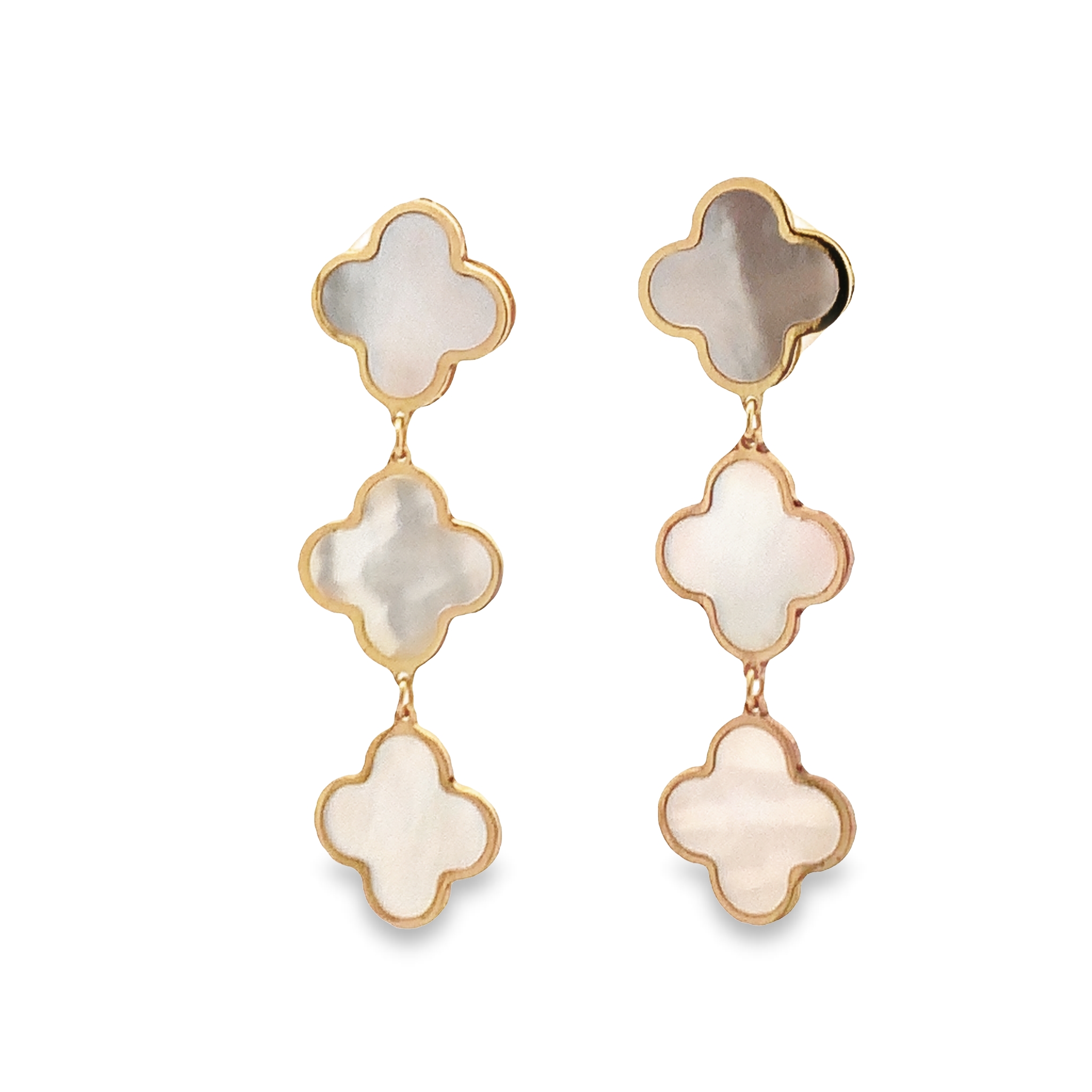 14K Yellow Gold Mother of Pearl Triple Clover Station Dangle Earrings