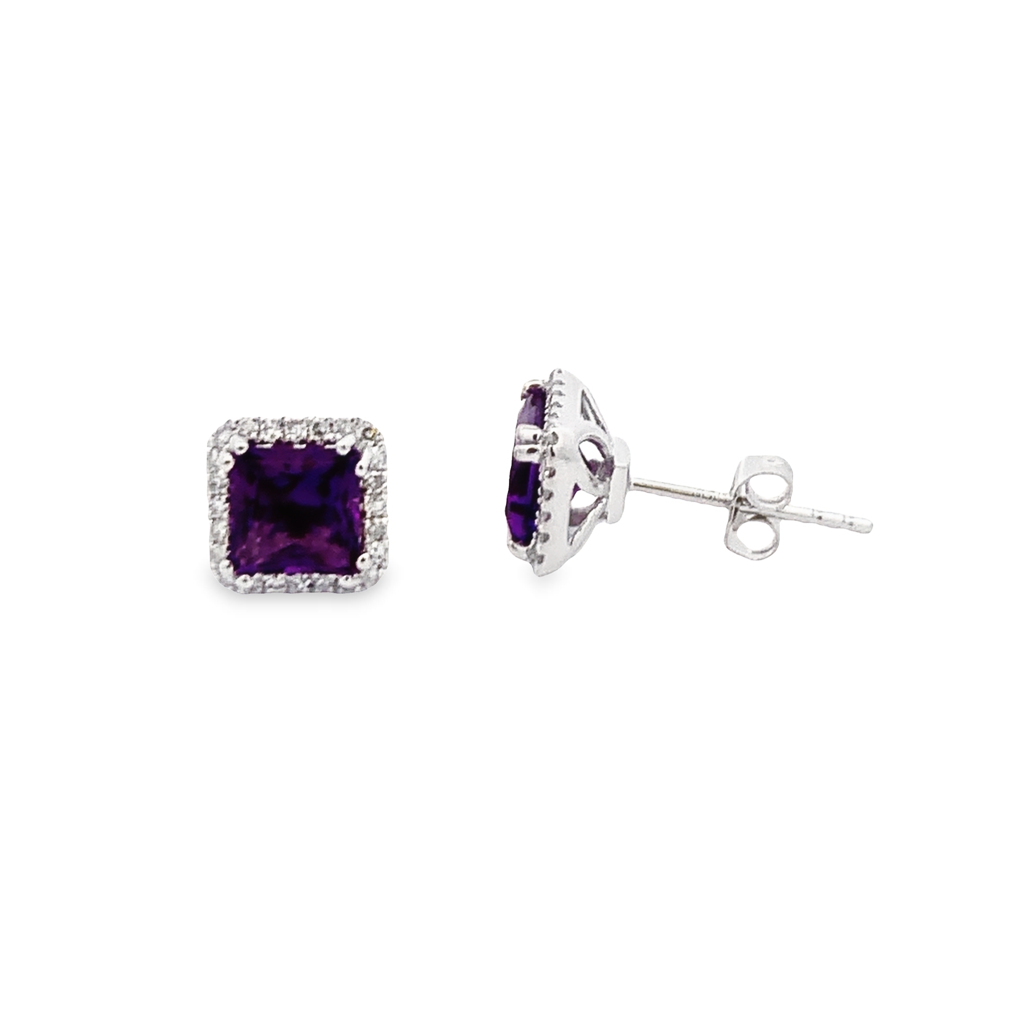 14K White Gold Amethyst Halo Studs