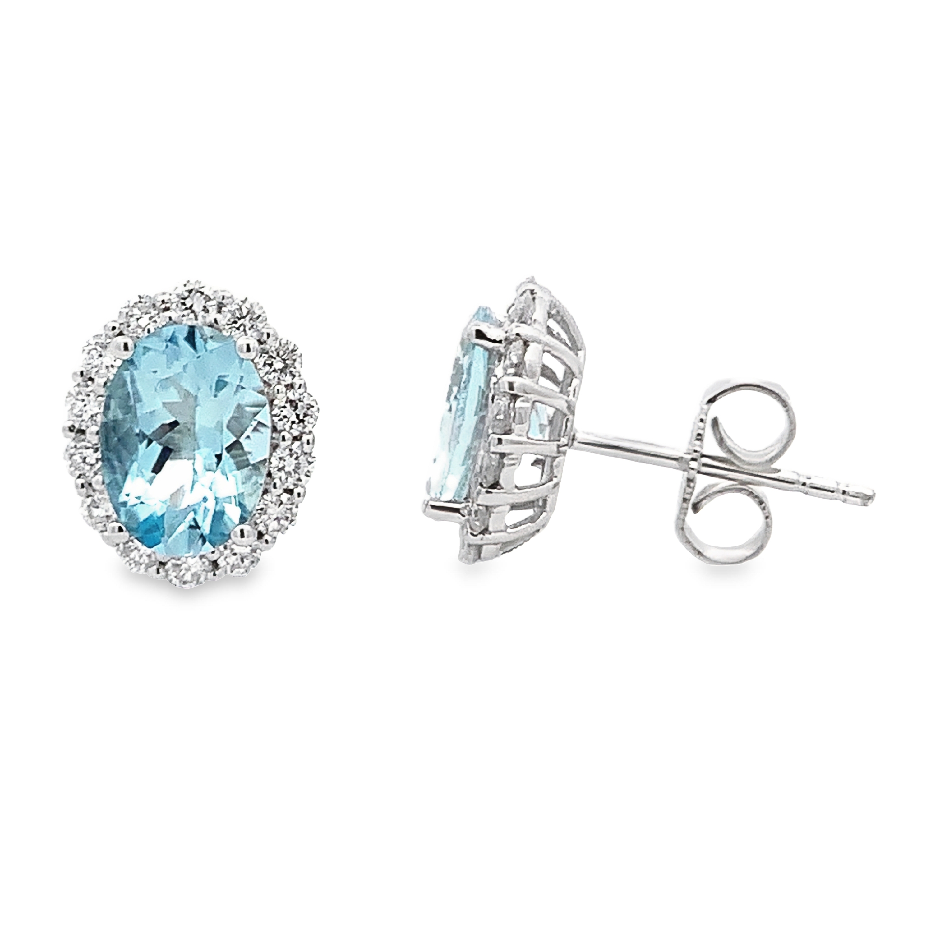 14K White Gold Oval Aquamarine Halo Stud Earrings