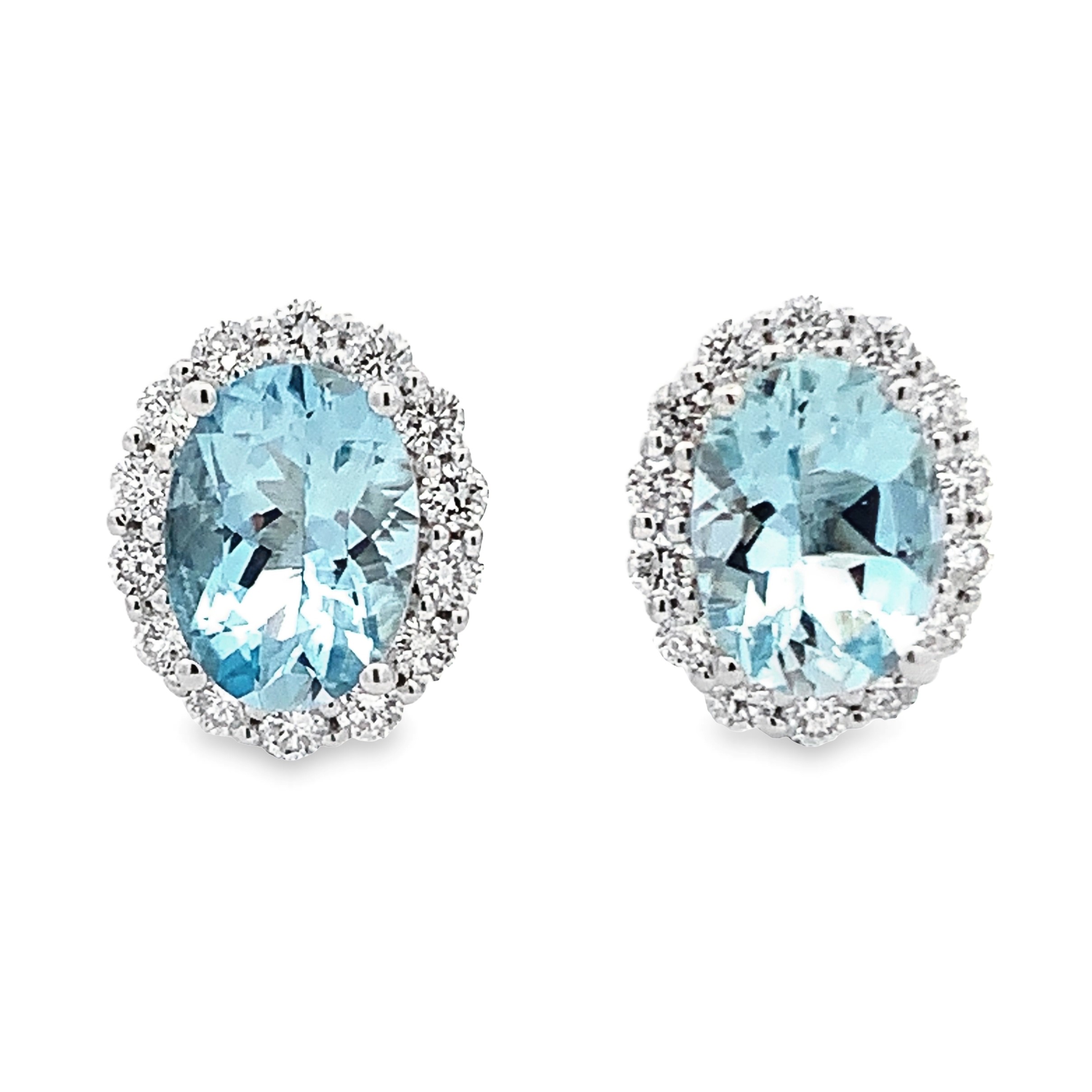 14K White Gold Oval Aquamarine Halo Stud Earrings