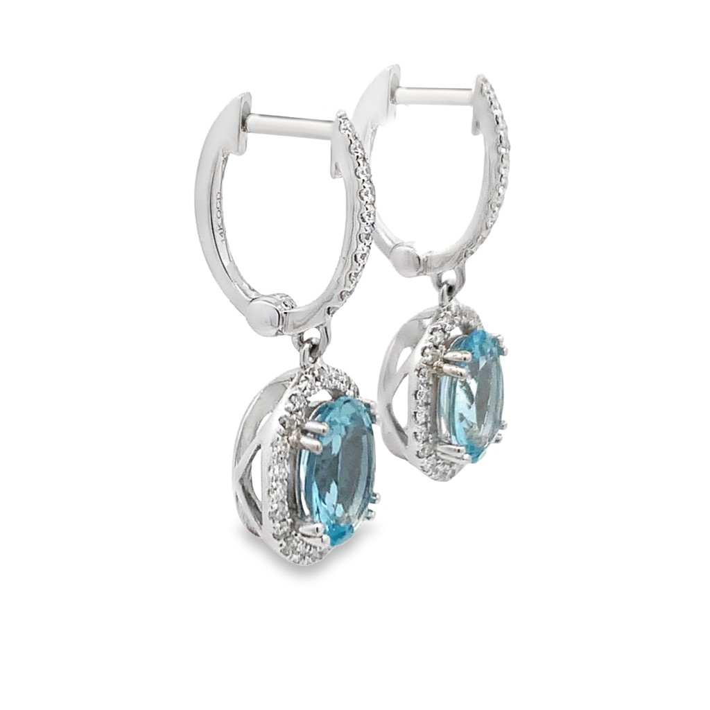 14K White Gold Aquamarines and Diamond Dangling Earrings