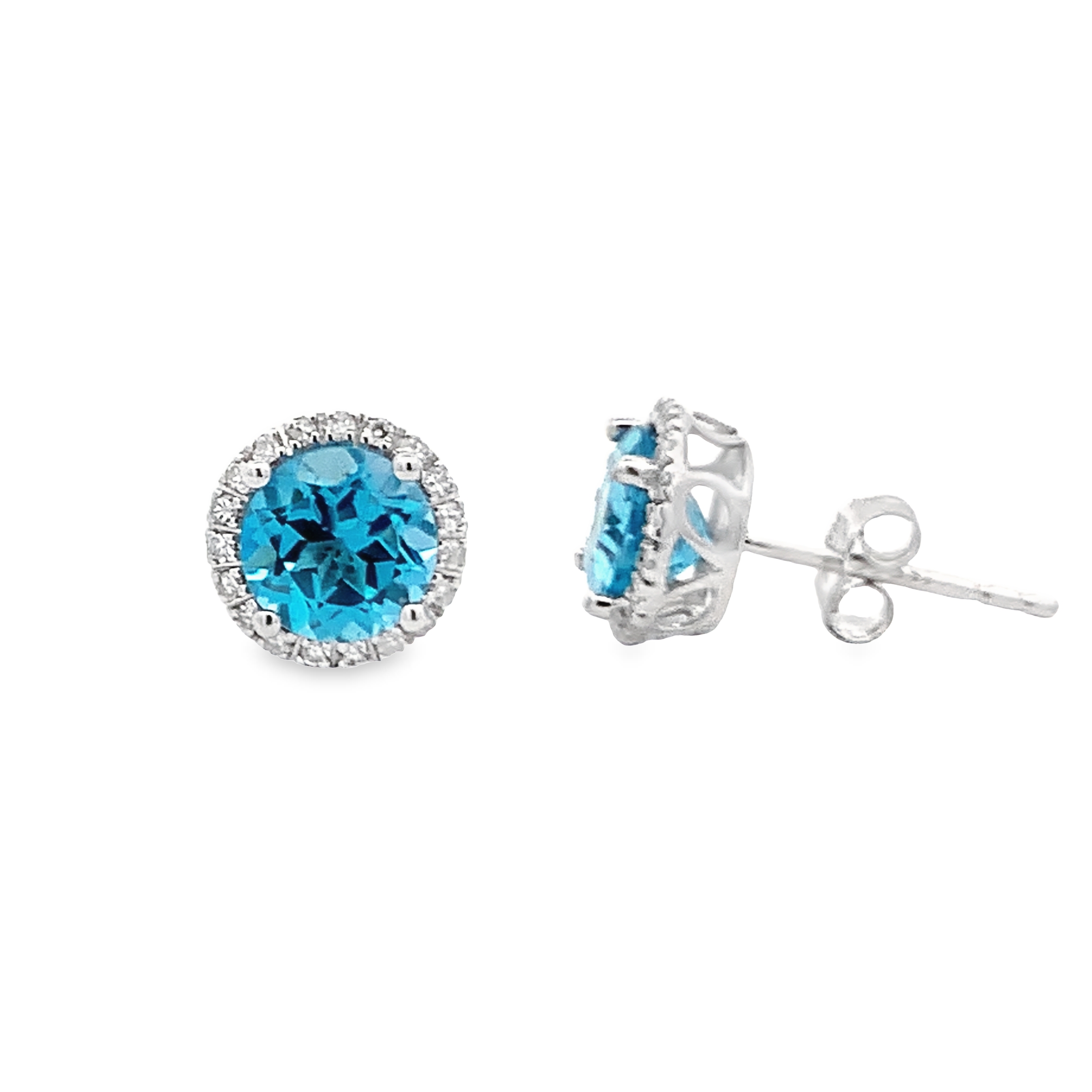 14K White Gold Blue Topaz Halo Studs