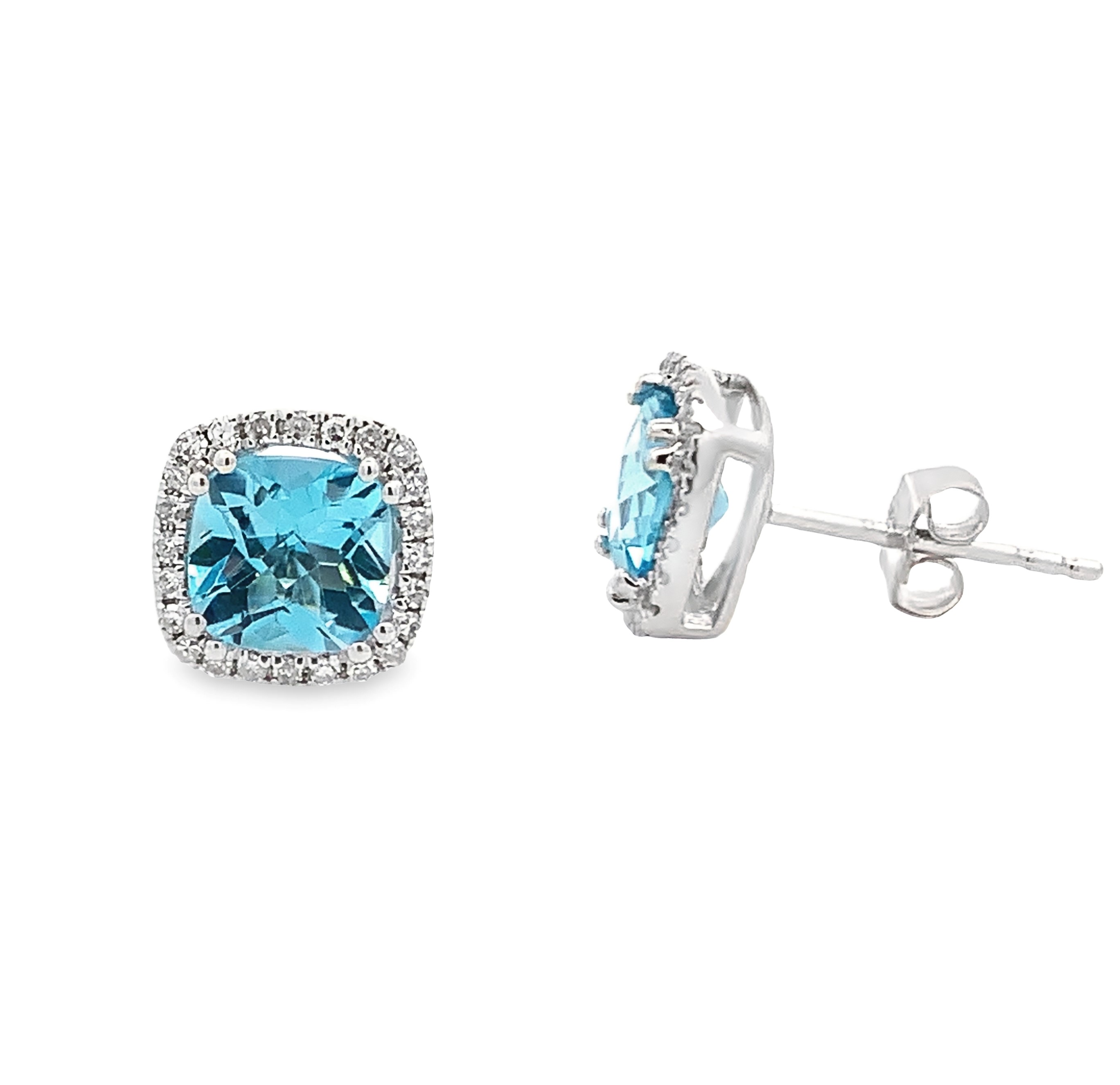 14K White Gold Cushion Blue Topaz Halo Stud Earrings