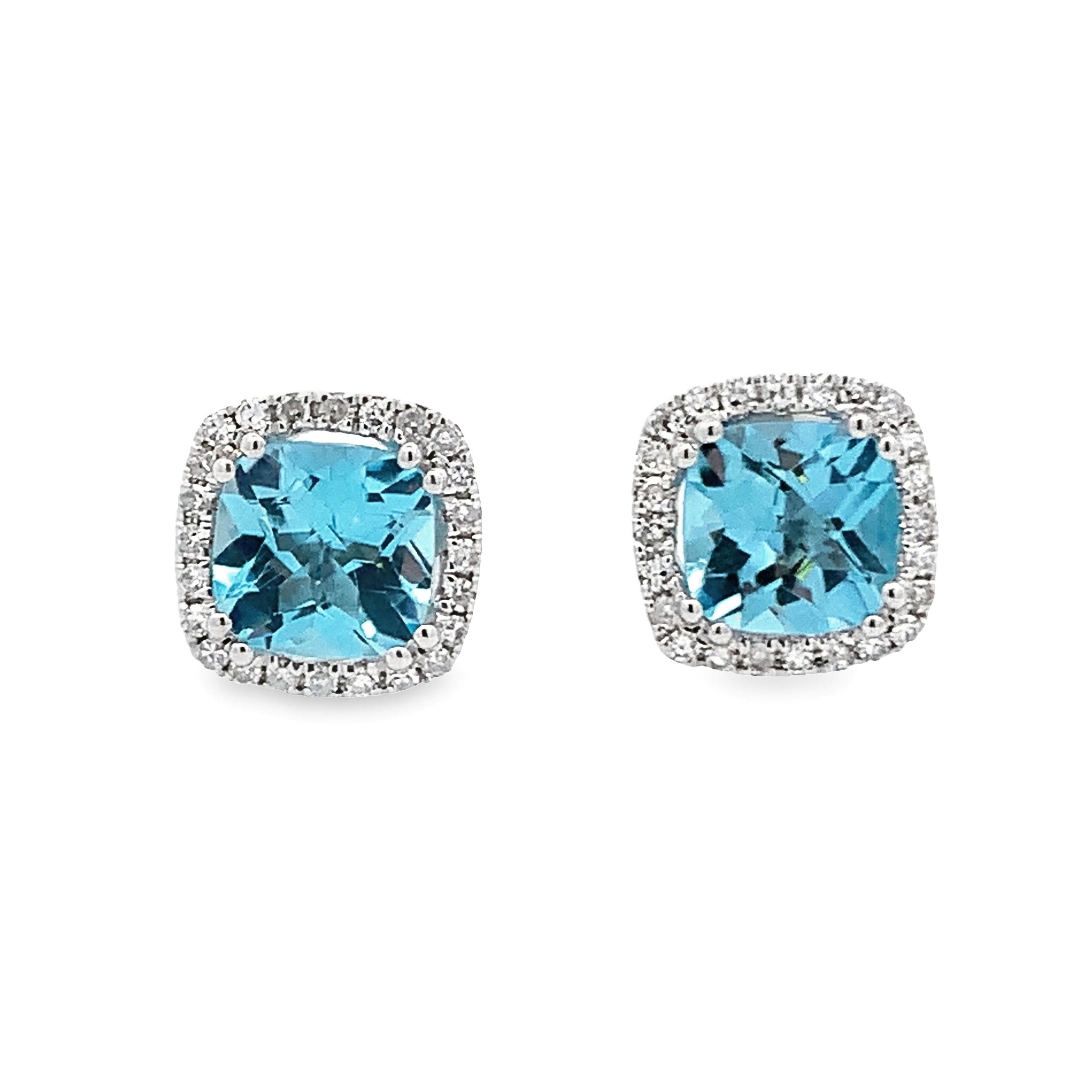 14K White Gold Cushion Blue Topaz Halo Stud Earrings