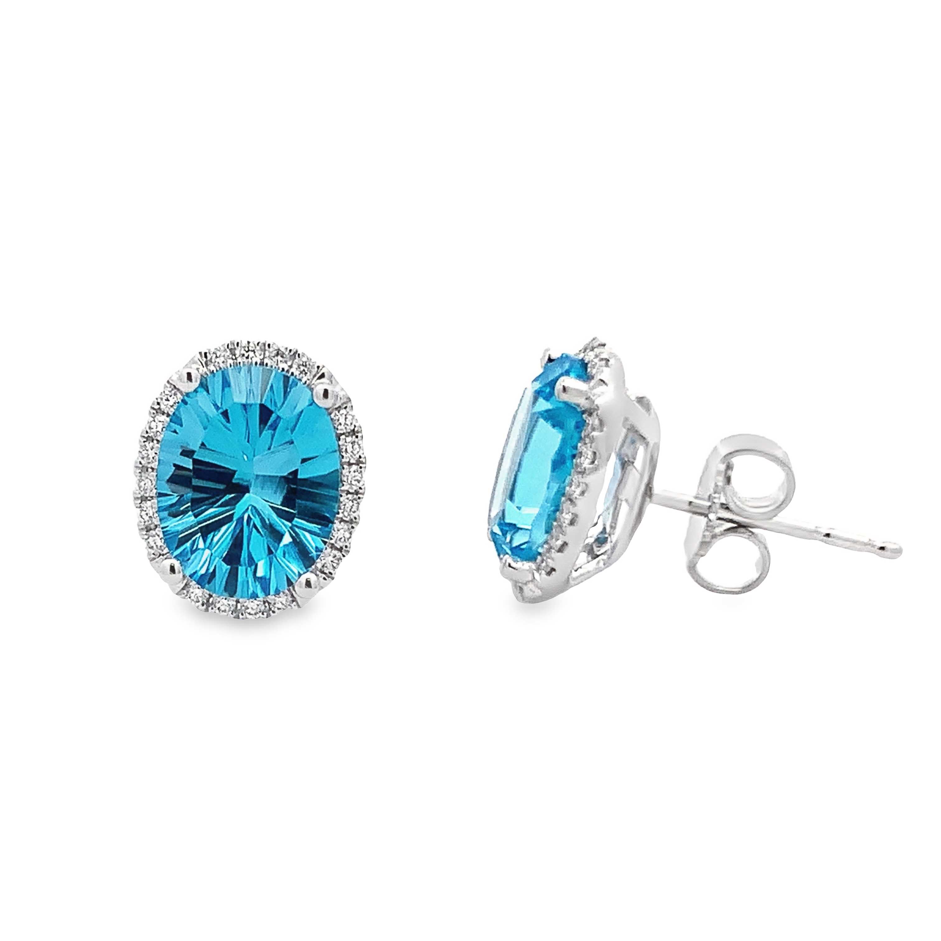 14K White Gold Oval Blue Topaz Halo Studs