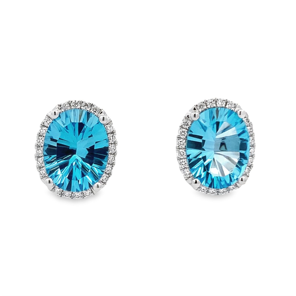 14K White Gold Oval Blue Topaz Halo Studs