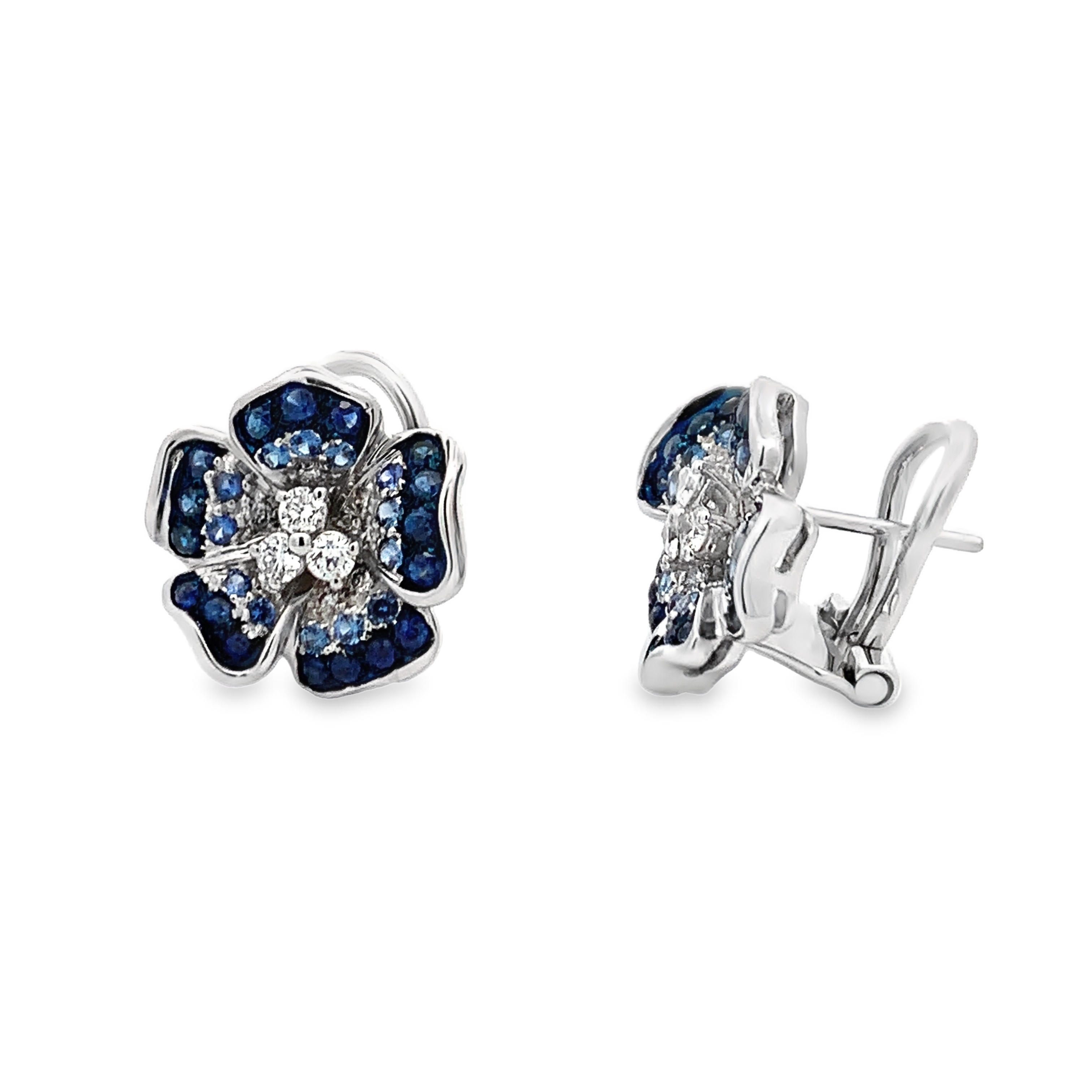 Leo Pizzo 18K White Gold Blue Sapphire and Diamond Flower Earrings