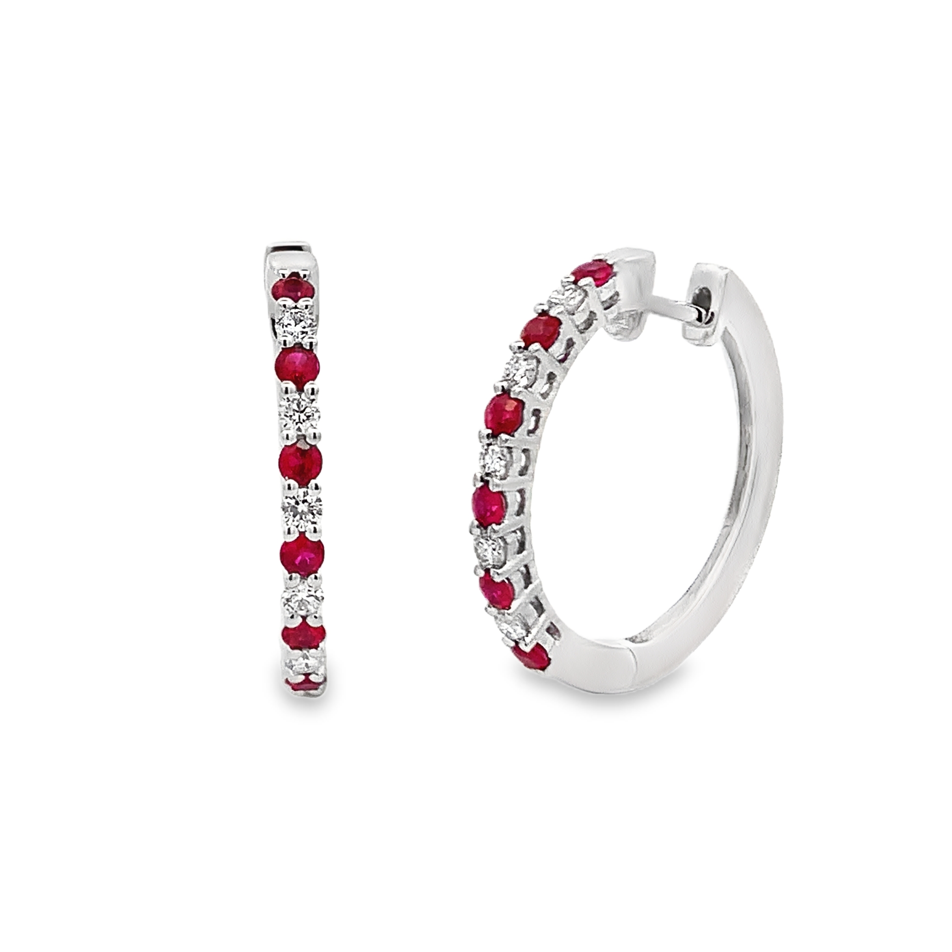 14K White Gold Ruby and Diamond Hoops