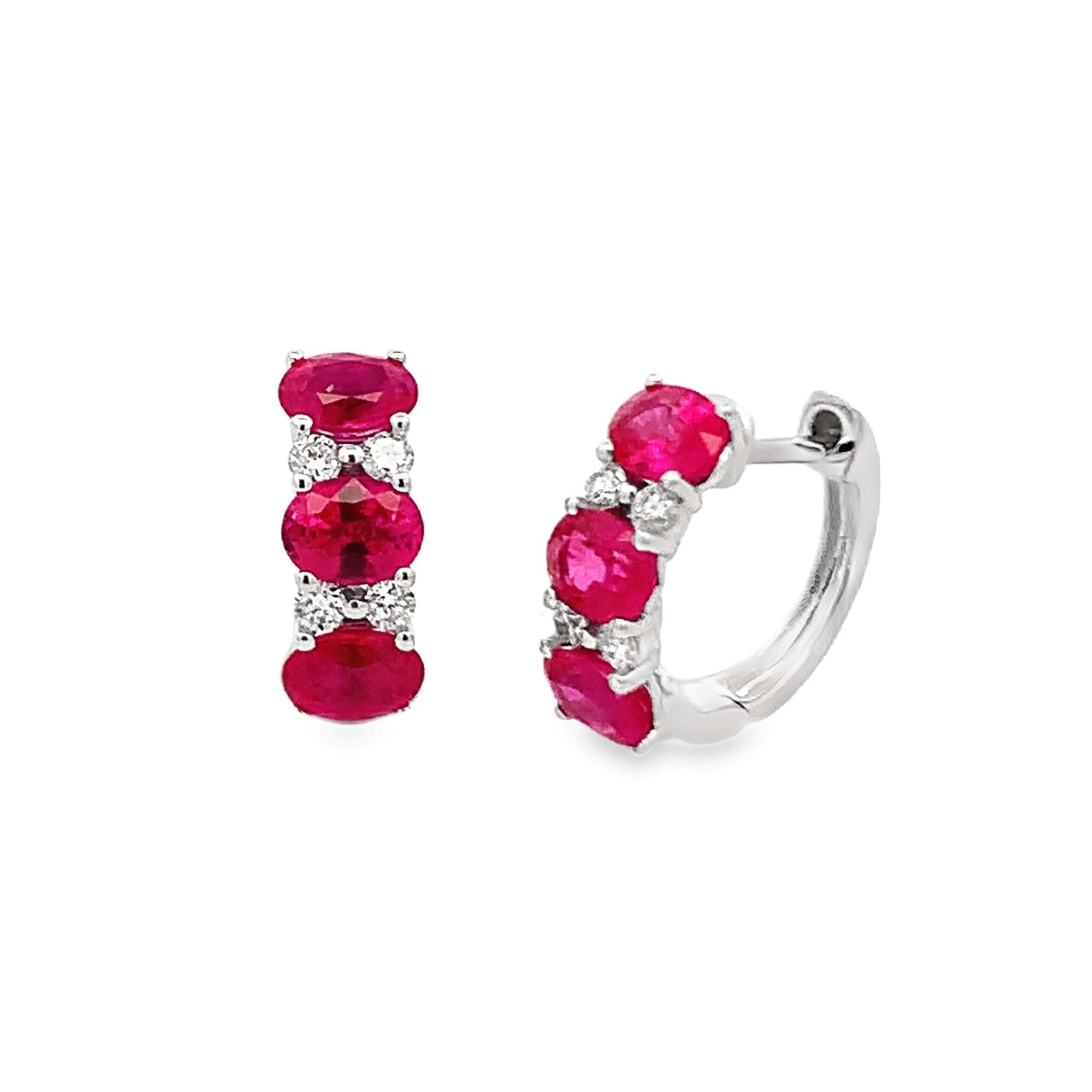 14K White Gold Ruby and Diamond Huggies