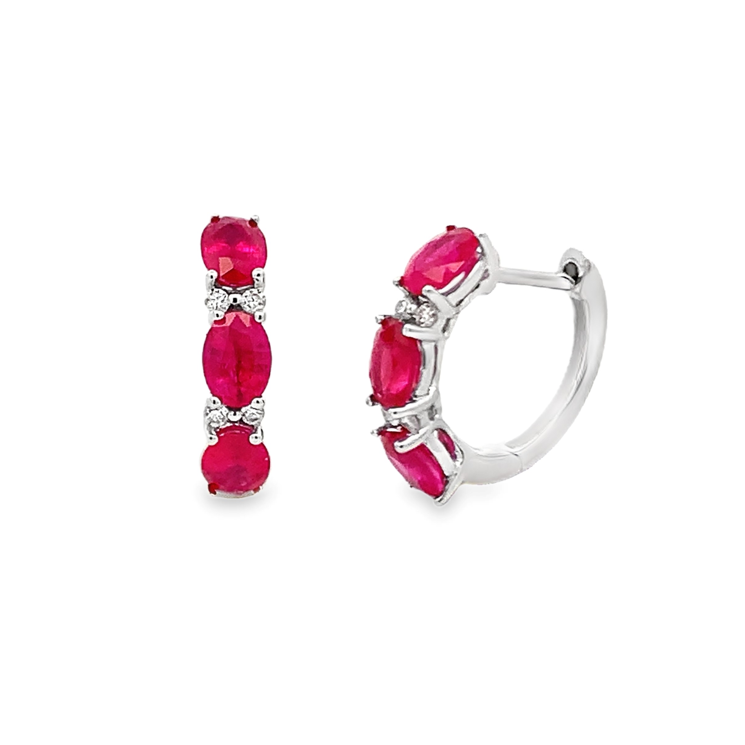 14K White Gold Ruby and Diamond Huggies