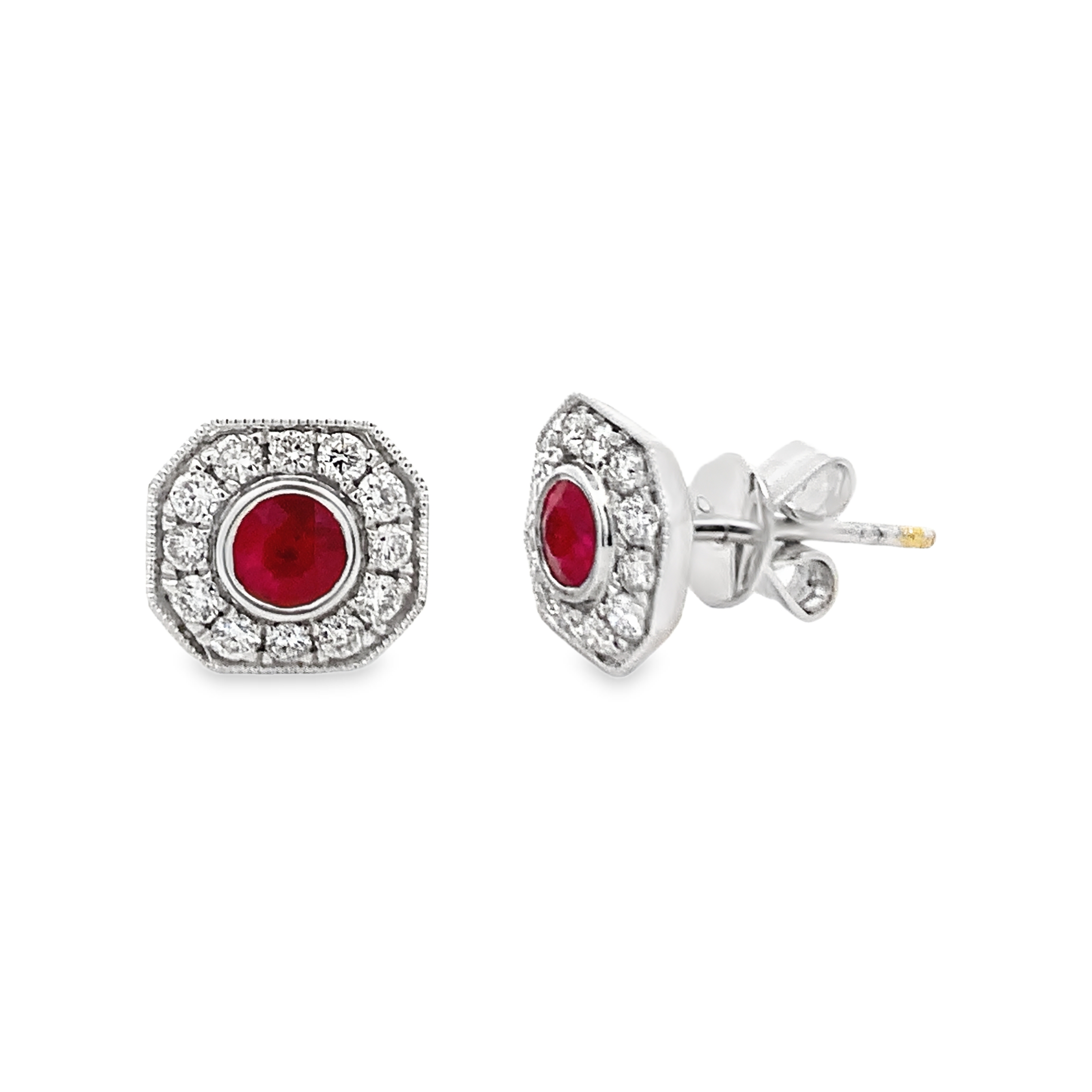 18K White Gold Ruby Milgrain Halo Studs