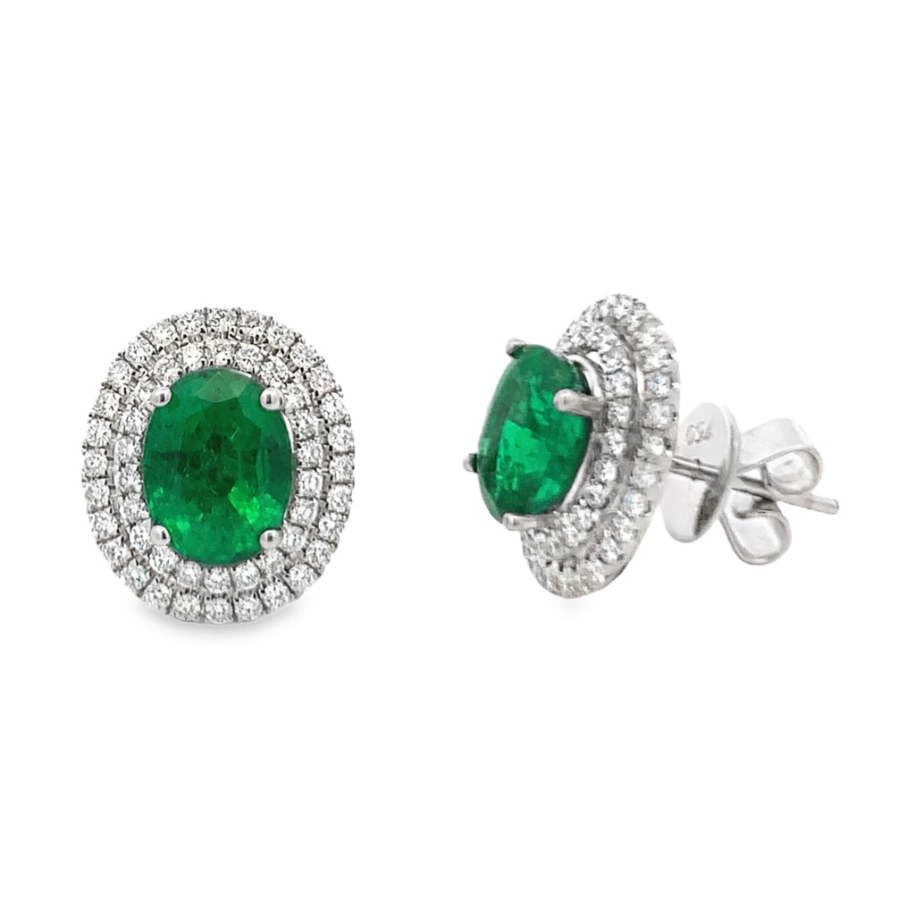 18K White Gold Emerald Double Halo Studs