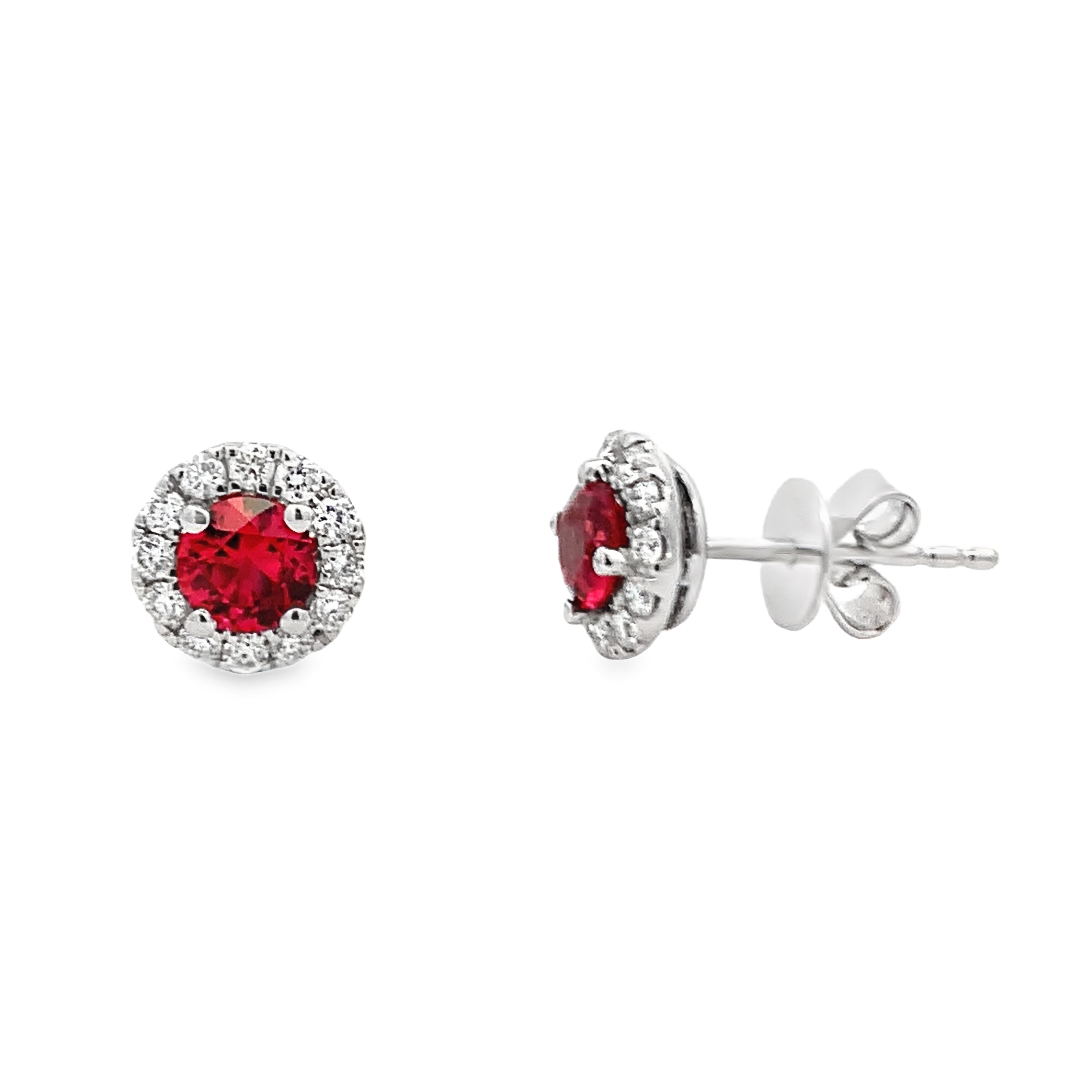 18K White Gold Ruby Round Halo Studs