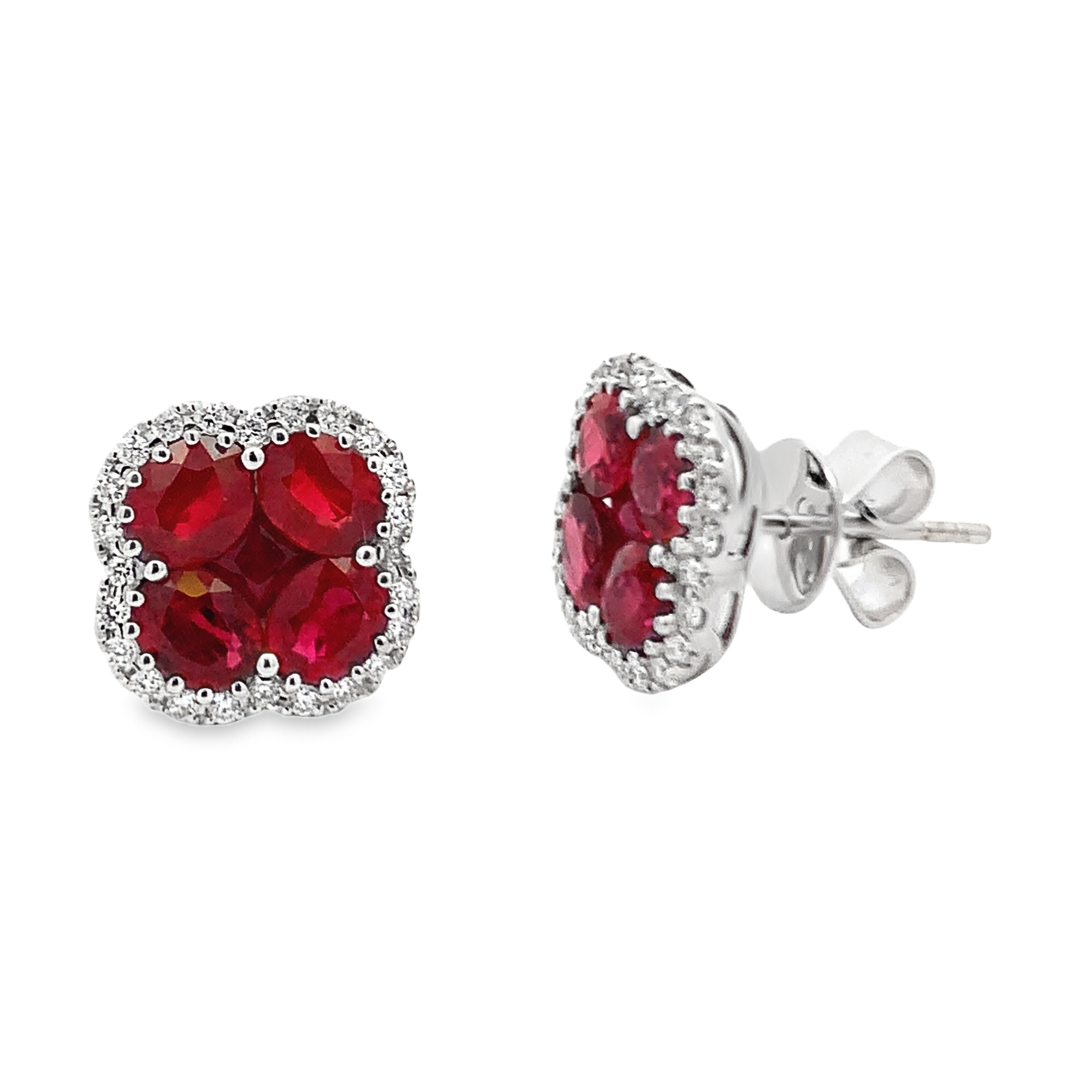 18K White Gold Ruby Clover Cluster Studs