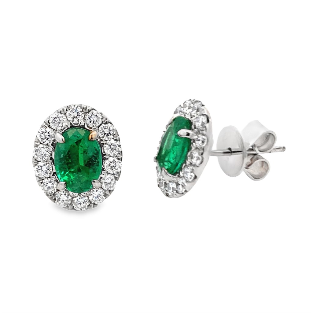 18K White Gold Emerald Diamond Halo Studs