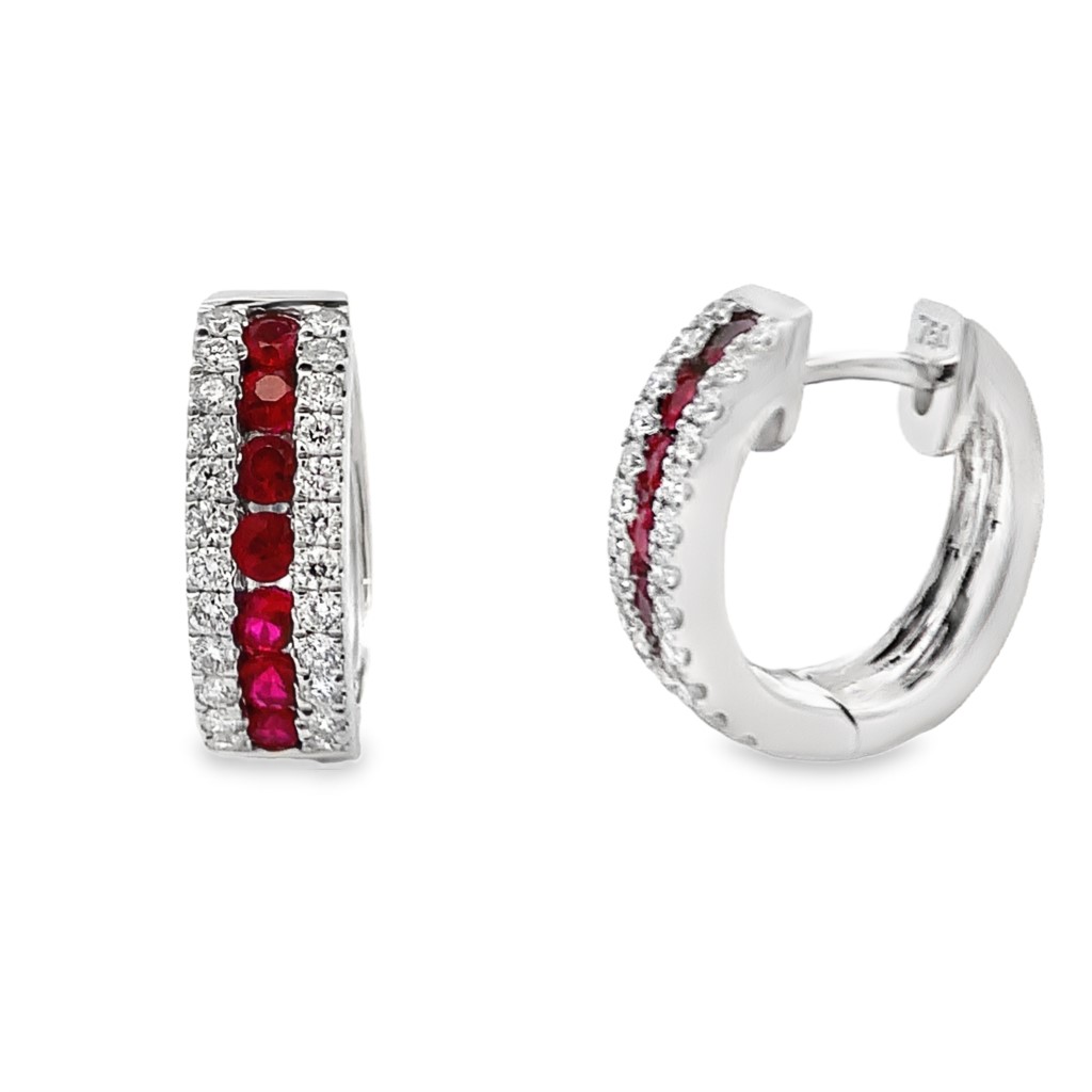 18K White Gold Ruby & Diamond Hoops