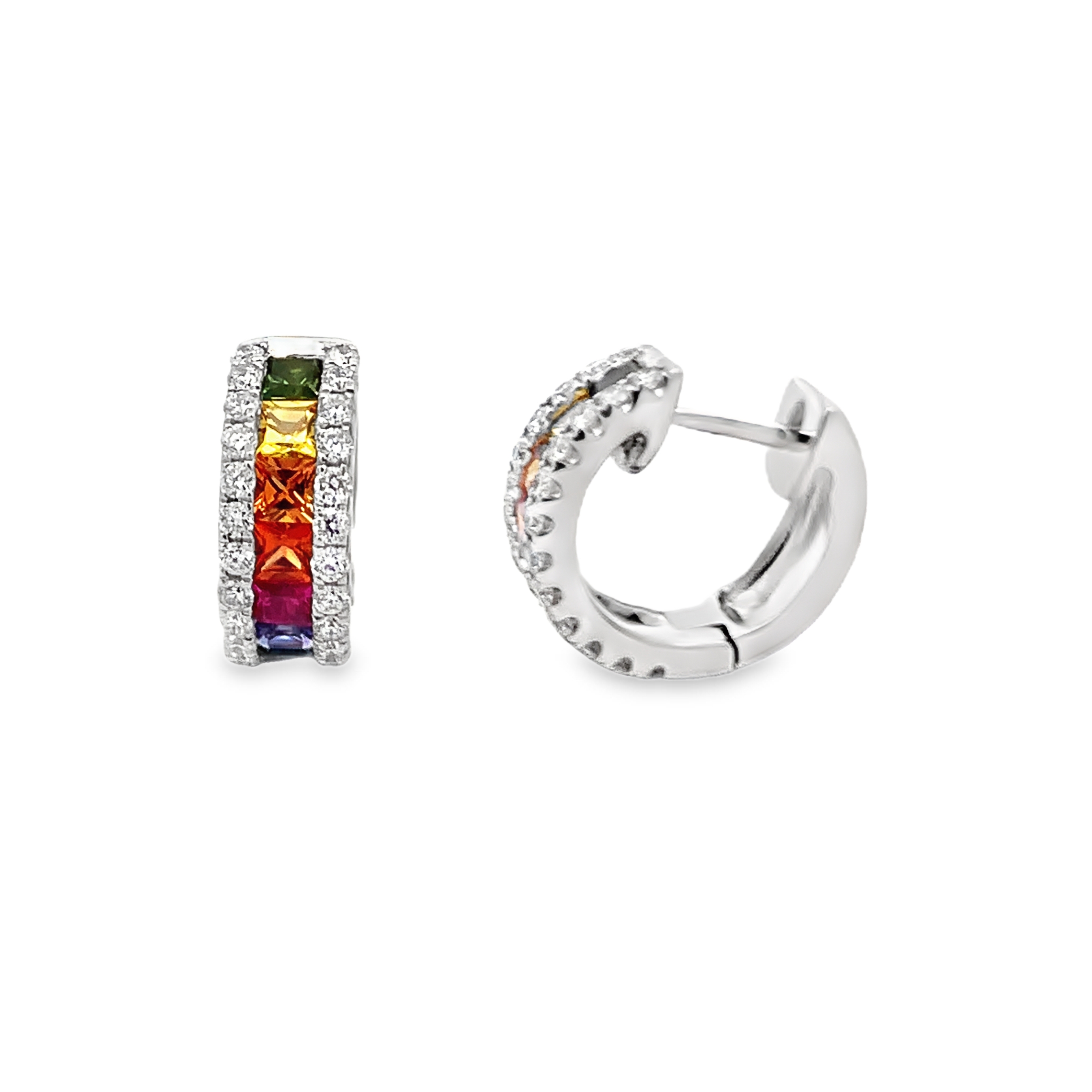 18K White Gold Rainbow Sapphire Huggie Hoops