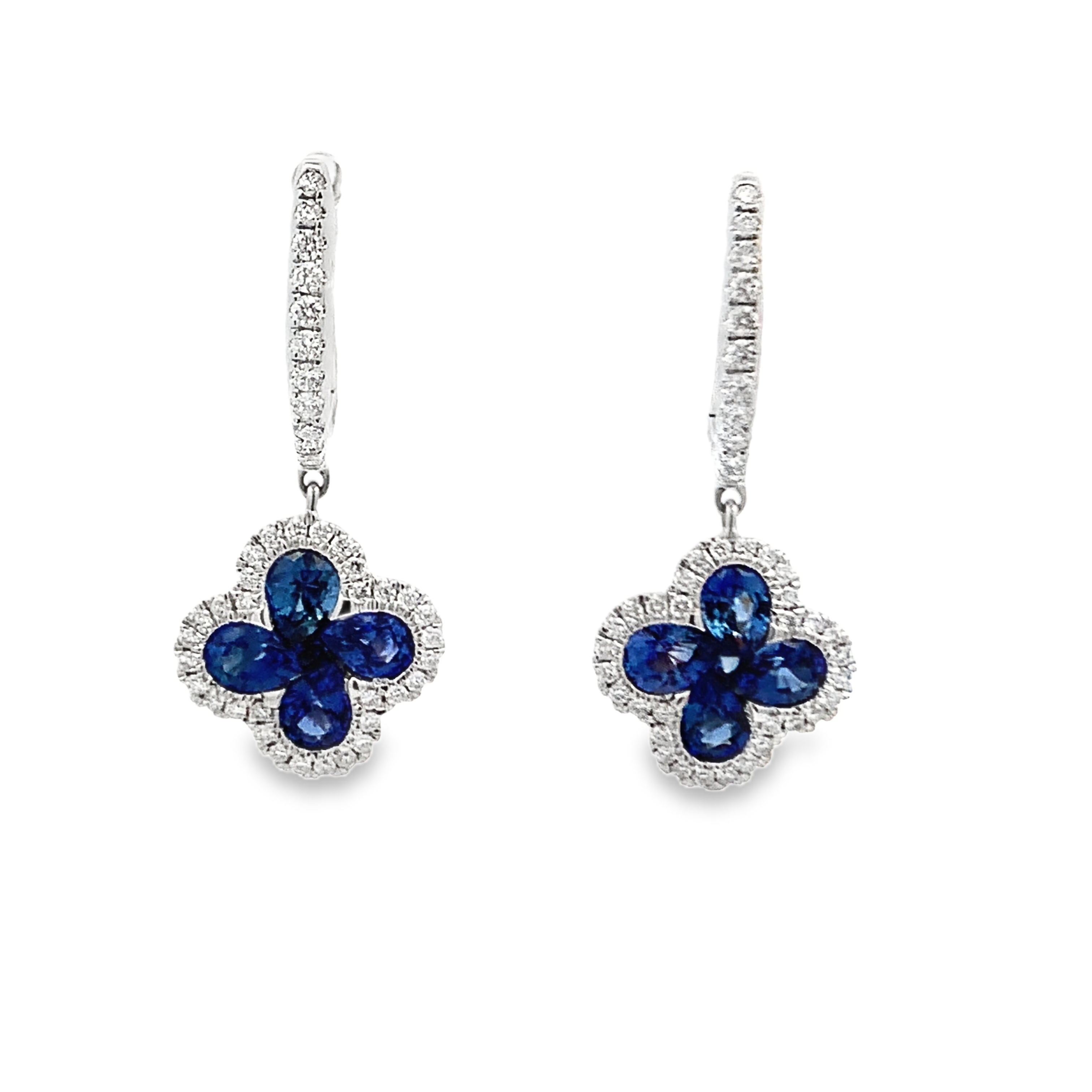 14K White Gold Sapphire Clover Dangling Earrings