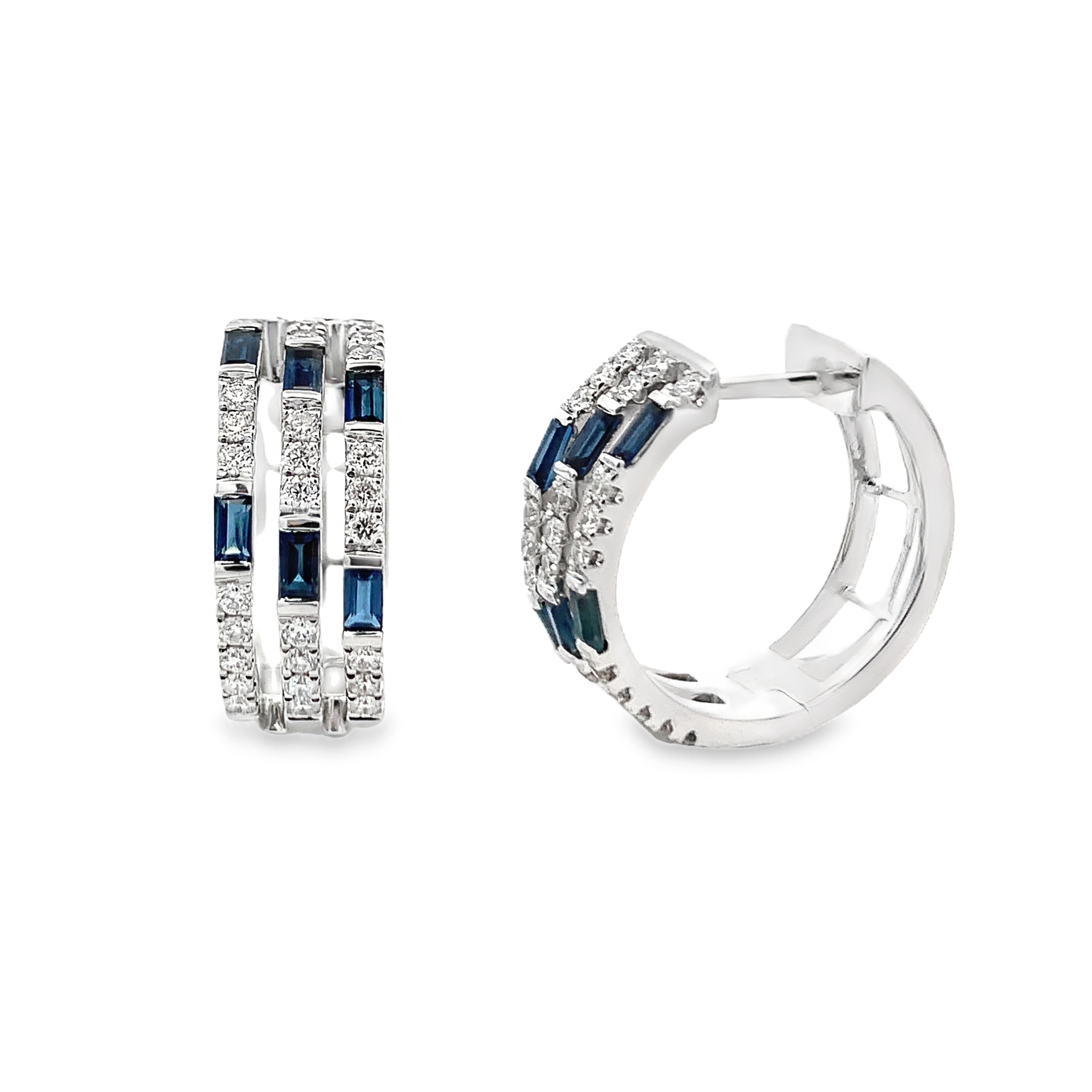 18K White Gold Sapphire and Diamond 3-Row Hoops