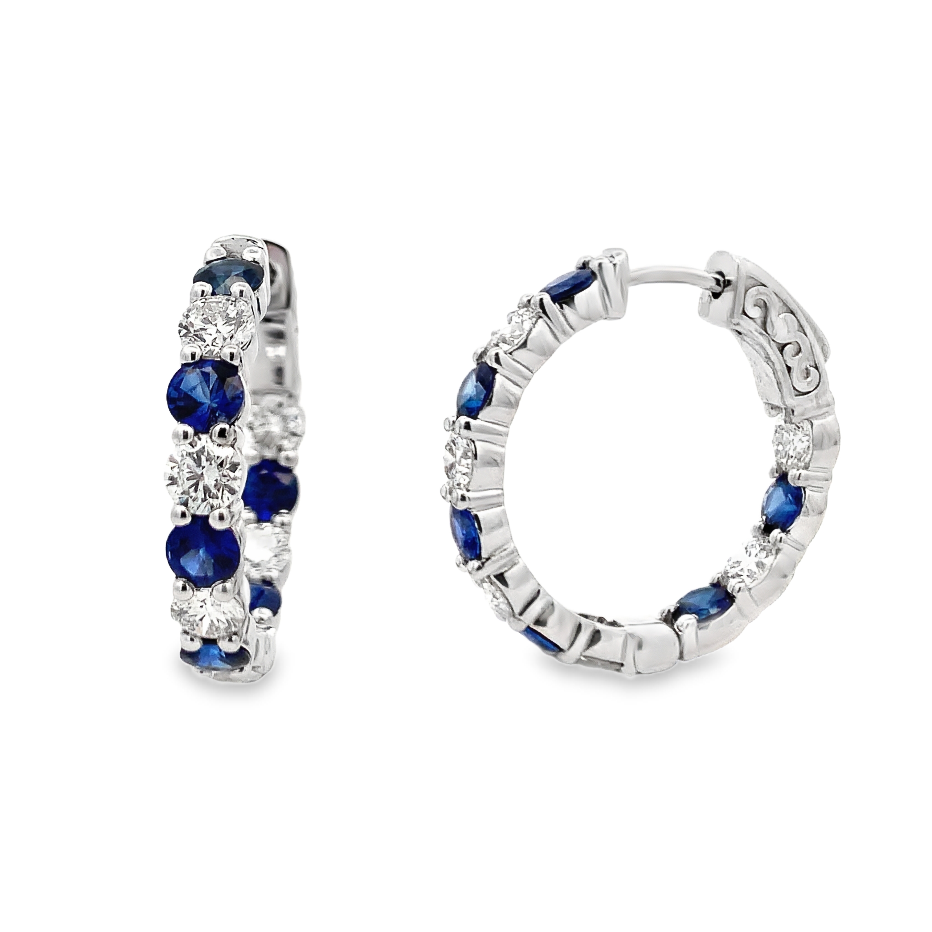 18K White Gold Sapphire and Diamond Hoops